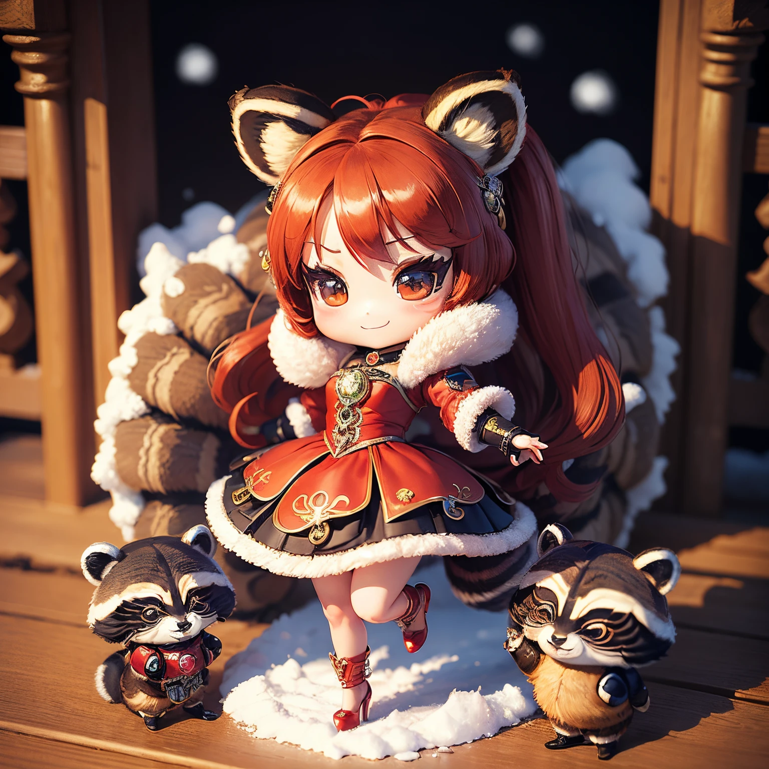 masterpiece、top-quality、ultra-detailliert、(Chibi character girl with raccoon ears:1.37),(Fake fur:1.3),Red hair swaying in the wind,gorgeous rococo renaissance gold dress、Red high heels,A smile,Skip,The background is a snow castle
