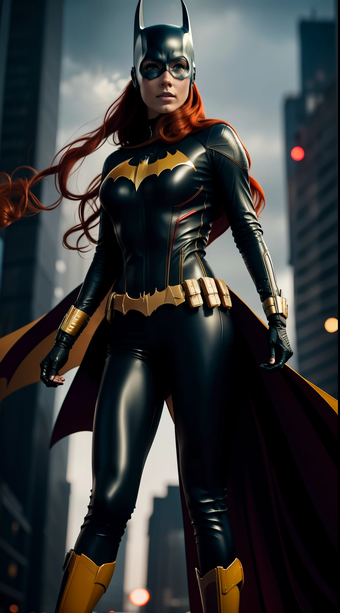 Red-haired woman, beauty, Batgirl clothes, Batgirl , full body photo, prominent figure, standing on the edge of a skyscraper, night, photo (Masterpiece) (Best quality) (Detail) (8K) (HD) (Wallpaper) (Cinematic lighting) (Sharp focus) (Intricate), sexy, rain, wet, lightning, wind effect, best quality, ultra high resolution, photorealistic, full body portrait, incredibly beautiful,  dynamic poses,