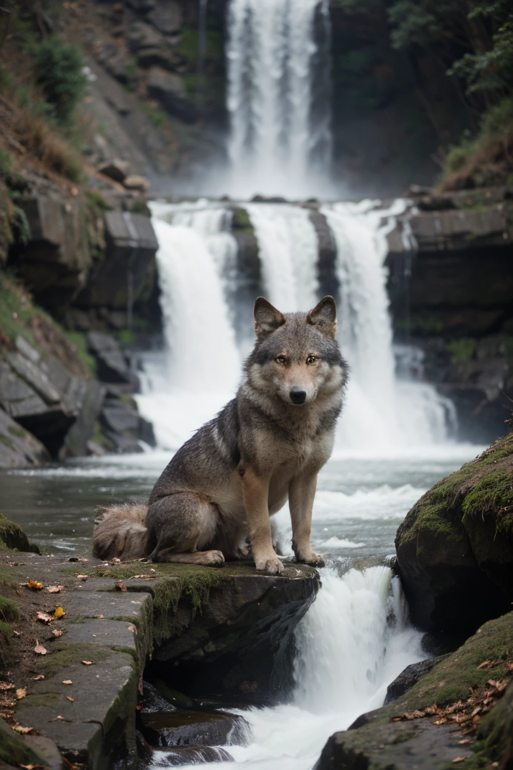 A wolf on the waterfall