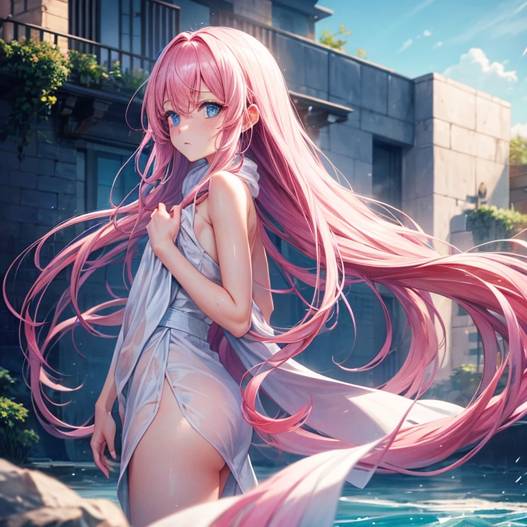 Girl with long pink hair and light blue eyes.、The expression is a troubled face、Let's take an open-air bath、Wrap a towel around your body、let the wind blow your hair、At night