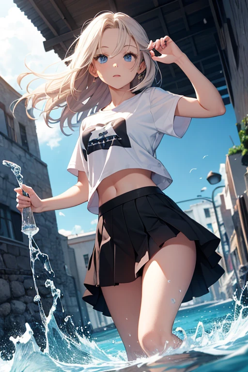 GIRL,BLUE EYES ,WEARING WHITE T SHIRT,BLACK SKIRT ,WATER POWERS, BODY FACING VIEWER