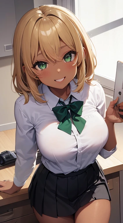Top-quality, Top image quality, masterpiece, NSFW, girl with((18year old, dark skin, tan, school uniforms, bare breasts, black underwear, huge Breasts, blond hair, short hair, wavy hair, green eyes, smile, A slender, in the room, black skirt, upskirt, Get closer to your audience, selfie, from above)), hi quality, Camera Film Style, masterpiece, cool style, Elaborate design, visual art
