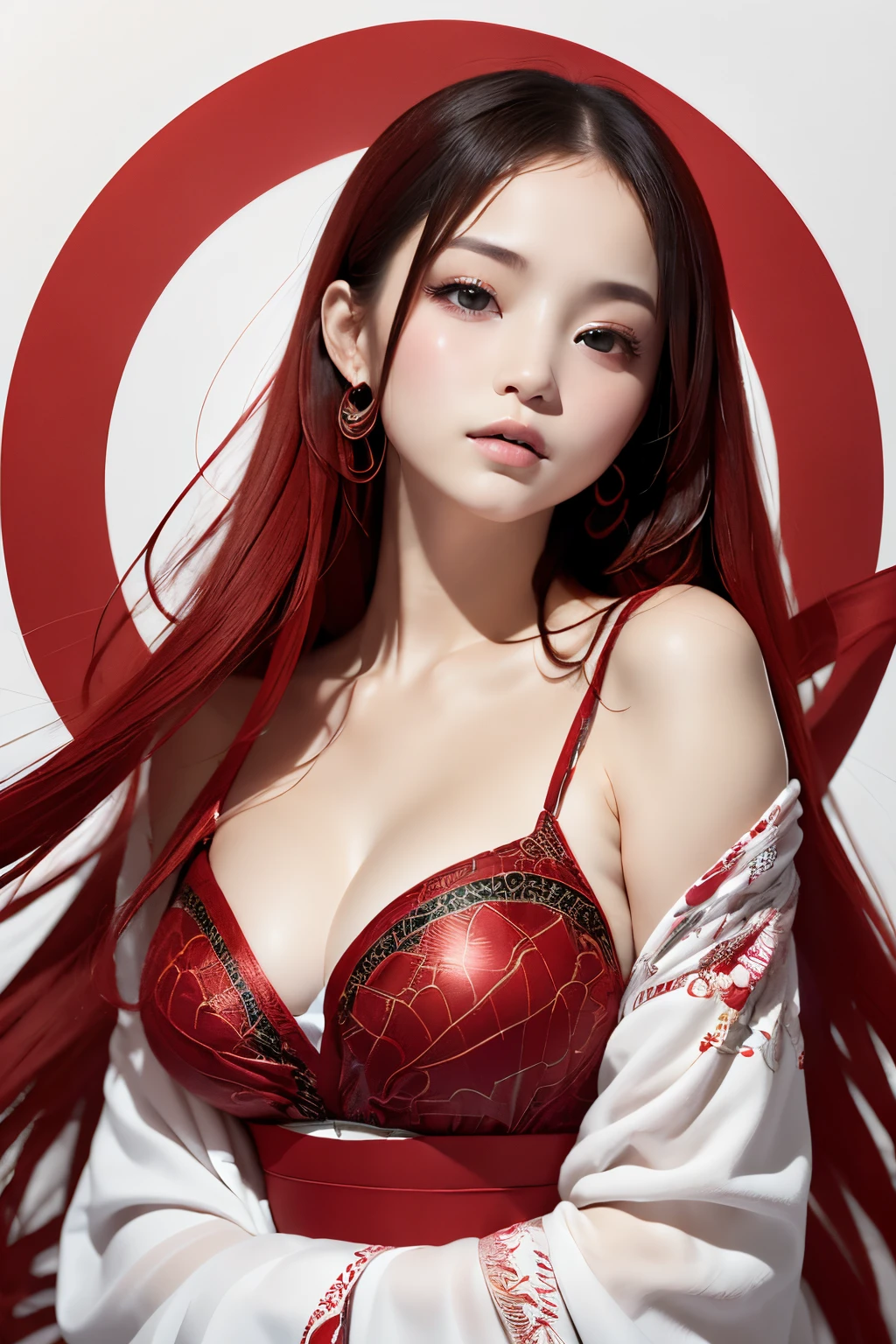 (((white backgrounid、a white world)))、Unity 8K Wall 、ultra-detailliert、Beautifully Aesthetic、​masterpiece、top-quality、(Zentangle、a Mandala、Tangles、tangled mammary art:1.3)、One girl、Beautiful black hair、Waseko、Red kimono、Japanese dress、ighly detailed、Dynamic angles、Cowboy Shots、The most beautiful forms chaos、elegent、Brutalist design、Vibrant colors、romantism、Atmosphere、ecstasy musical notes、Streaming music notes are visible、(((white backgrounid、Pure white background、Red circle)))
