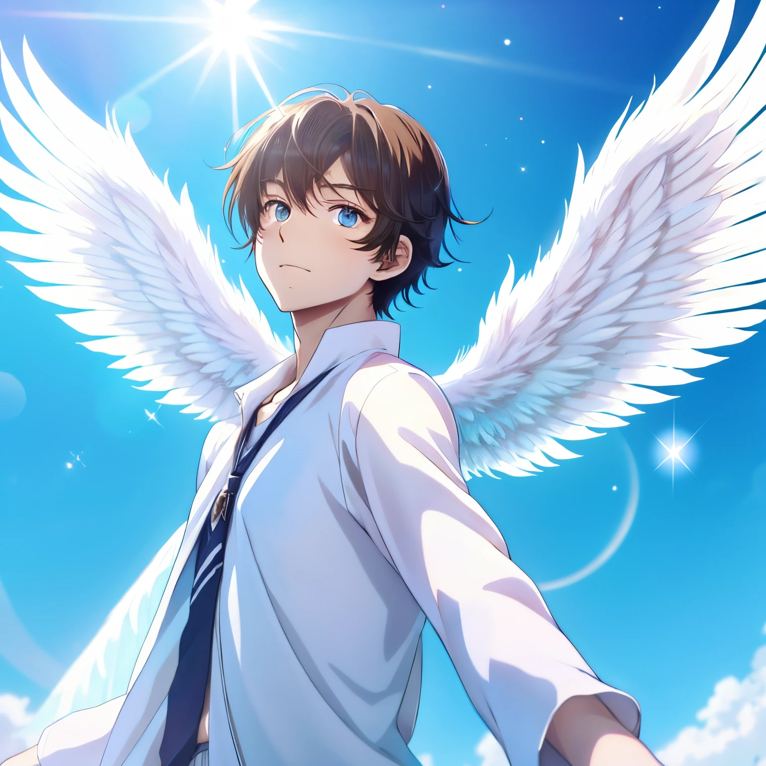 anime manga boy angel beautiful white skin dark brown hair light blue eyes sparkling shining large wings blue sky cute