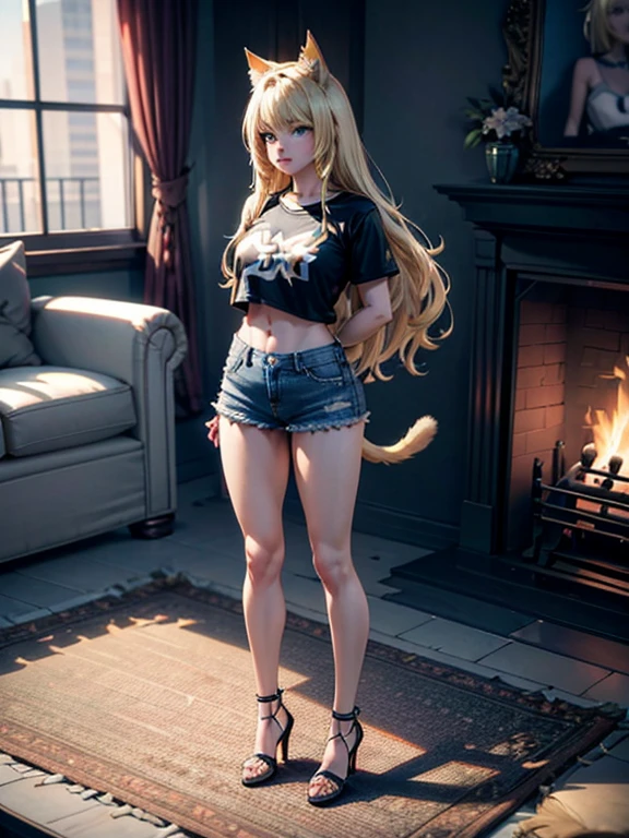 A futanai, long blonde hair, blonde pointed neko cat ears, green eyes, crop t-shirt, short denim pants, heels, with a blonde cat tail, standing, full body view, on a carpet in front of a fireplace, high res, ultrasharp, 8K, 3D, masterpiece