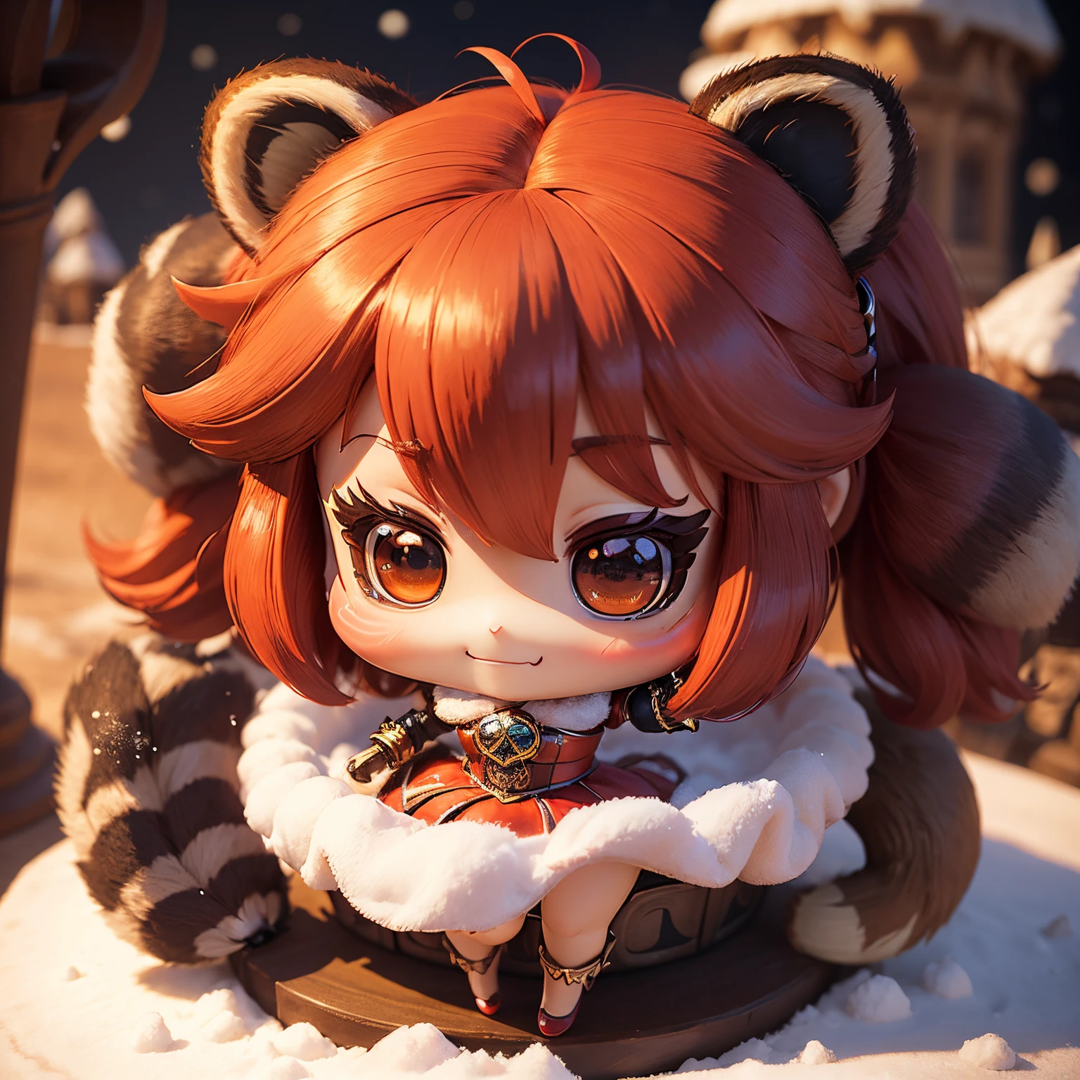 masterpiece、top-quality、ultra-detailliert、(Chibi character girl with raccoon ears:1.37),(Fake fur:1.3),Red hair swaying in the wind,Gorgeous rococo renaissance gold dress、Red high heels,A smile,Skip,The background is a snow castle,Chibichara 3D