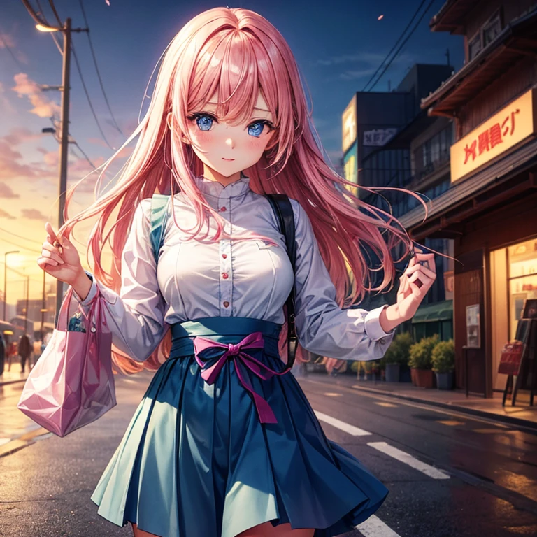 make it rain heavily、stand in the middle of the road。A girl with pink hair and light blue eyes。My clothes are soaked