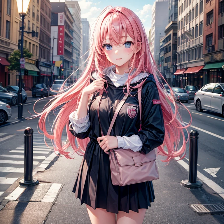make it rain heavily、stand in the middle of the road。A girl with pink hair and light blue eyes。My clothes are soaked