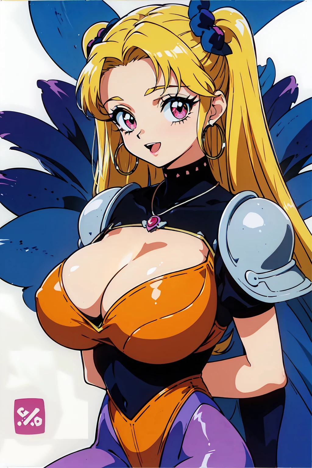 "(masterpiece:1.1), best quality,
1girl, (80s anime style:1.3), (eyelashes:1.5), (:1.2),
(intricate high detailed body:1.2),
(blonde hair:1.1), (forehead, hair slicked back:1.2), (twintails:1.1), (flower brooch, hair ornament:1.2),
red eyes,
(gigantic breasts:1.5),
(happy, smile:1.2), blush, open mouth,
(high cut leotard armor, cleavage cutout:1.2), (pantyhose:1.2),
(suspenders:1.1), (hoop earrings:1.1), necklace,
standing, leaning forward,
(upper body, cowboy shot, looking at viewer, from front:1.1),
(simple white background:1.2)"