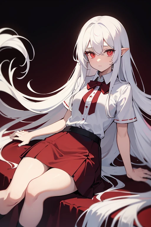 Long white hair,Red top,The skirt of the abyss of gambling,White socks,pupils red,Shy and reserved expression,There is a knife at the waist,female high-school student,Feeling domineering