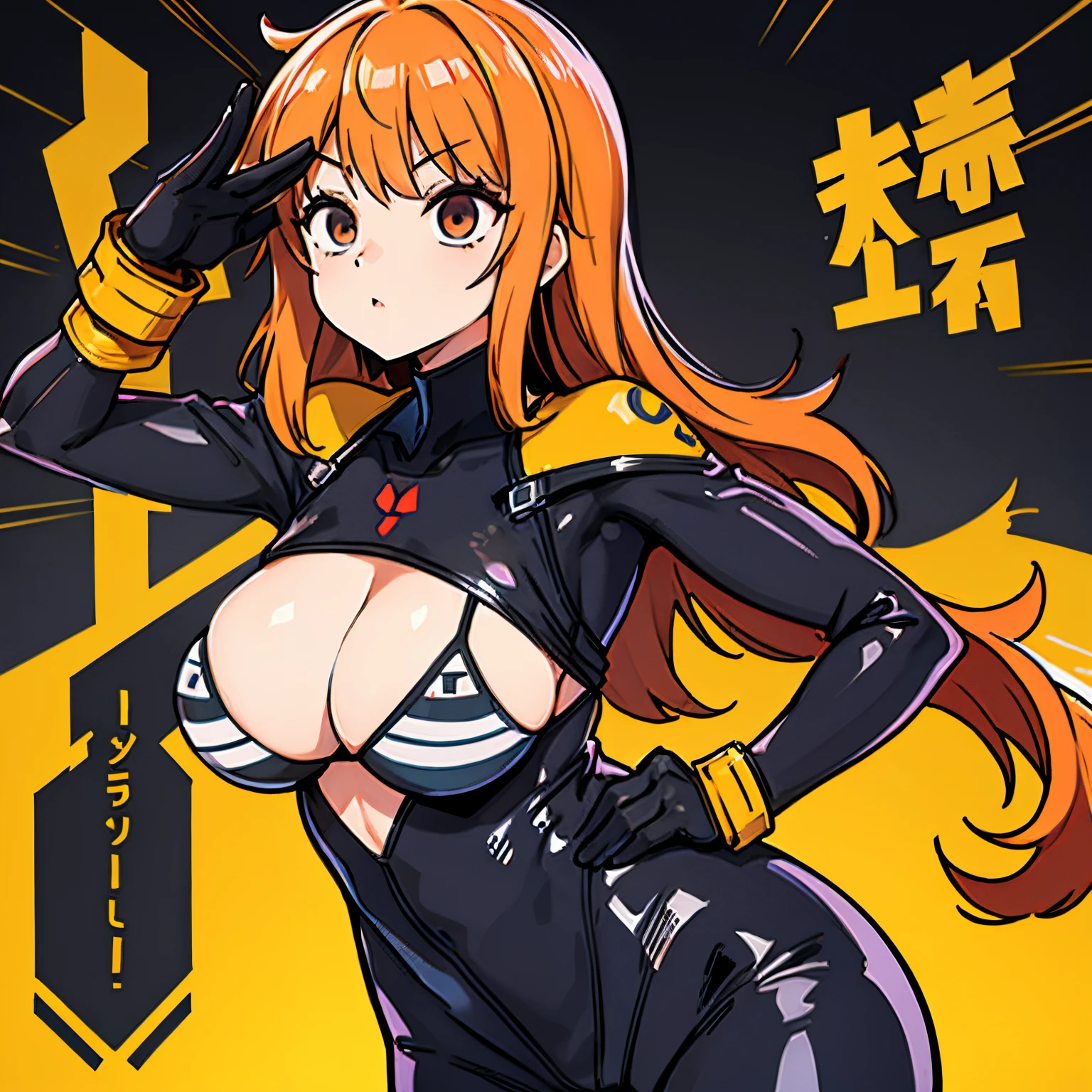 brainwashed female fighter、One-handed salute、Colossal tits、Black rubber suit