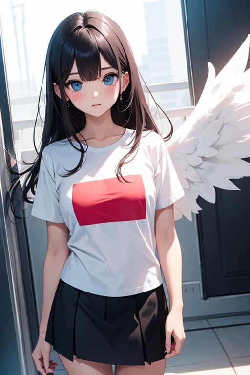 ANGEL GIRL BLUE EYES ,WEARING WHITE TSHIRT ,BLACK SKIRT , ANGEL