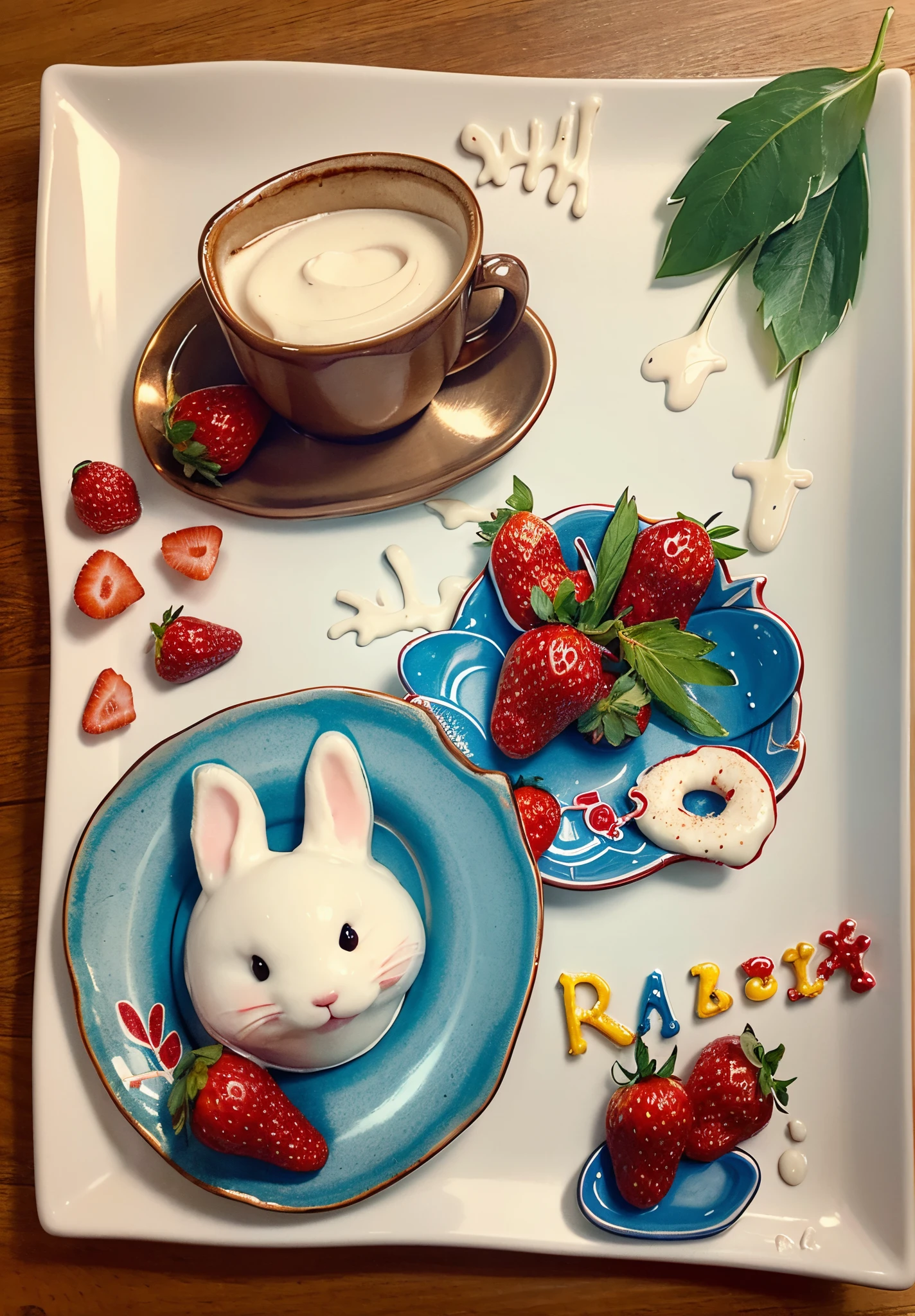 glass of milk,a plate of strawberries,A donut with a bunny image
