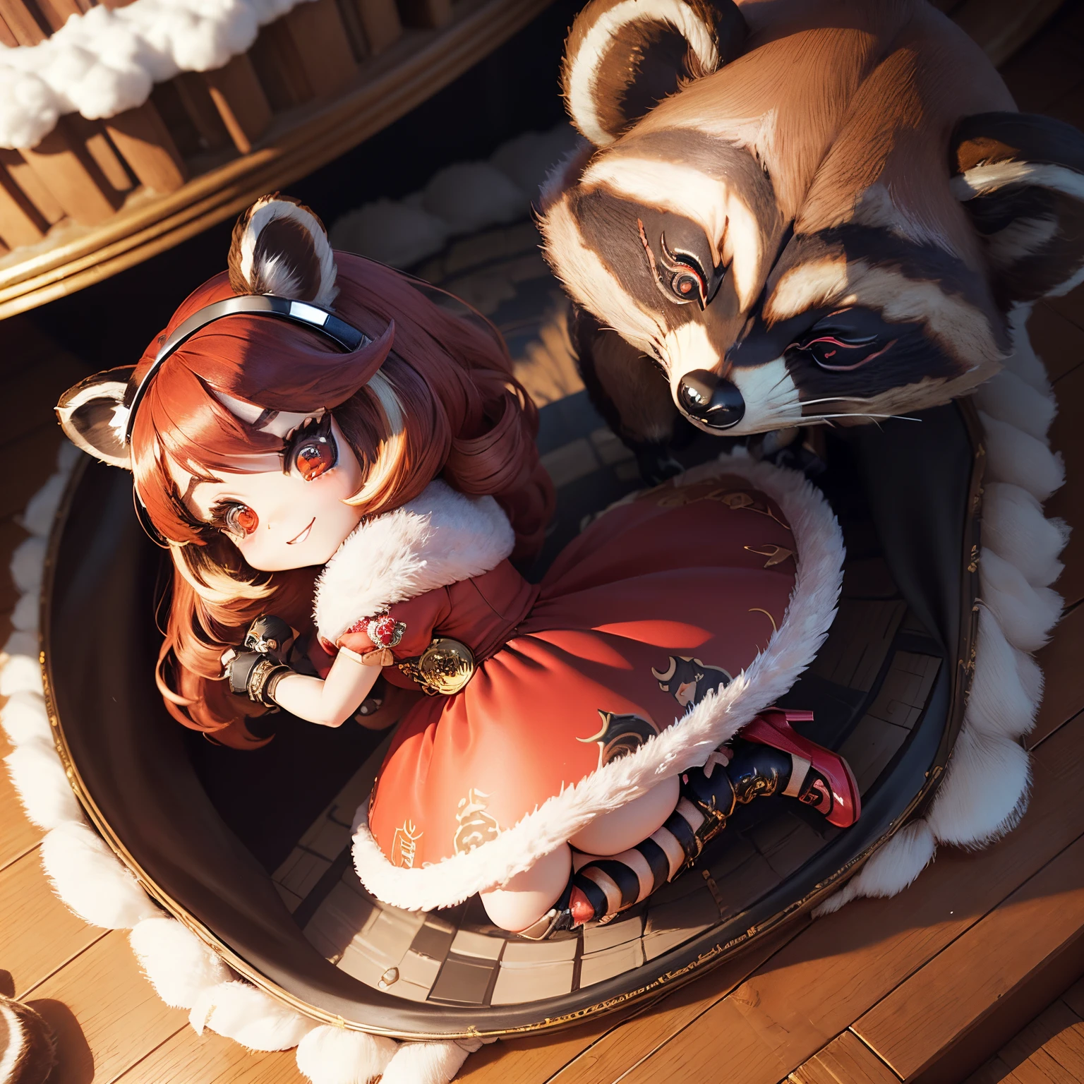 masterpiece、top-quality、ultra-detailliert、(Chibi character girl with raccoon ears:1.37),(Fake fur:1.3),Red hair swaying in the wind,Gorgeous rococo renaissance gold dress、Red high heels,A smile,Skip,The background is a snow castle,there's nothing on the floor,Chibichara 3D