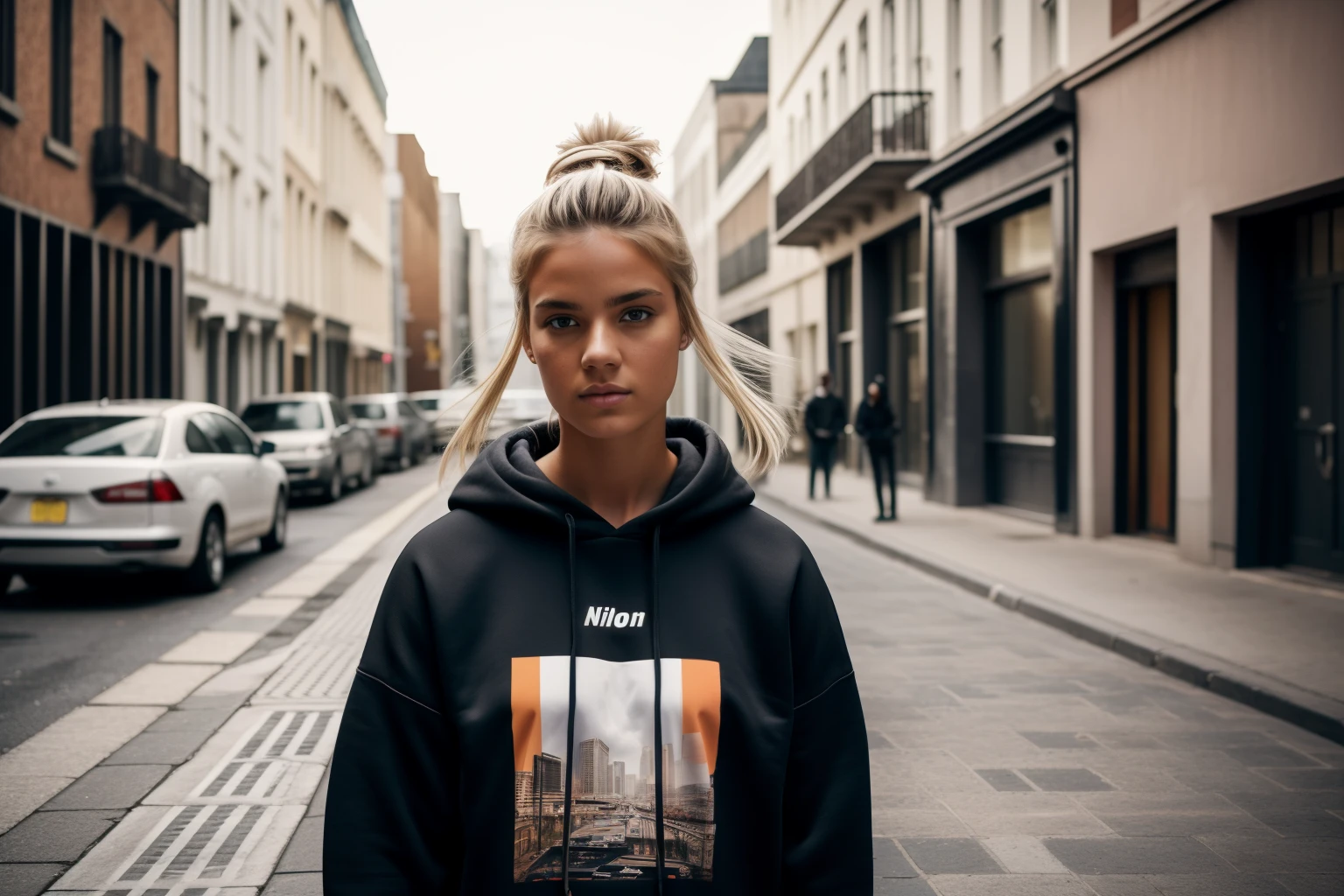 A full-body confident 25-years old white-skin female model in a sweatshirt, poising on a street, medium: photo hyper-realism, style: edgy street fashion meets contemporary art, lighting: dramatic contrast with a mix of artificial and natural light, colored and gritty with a focus on the textures of the sweatshirt and street, composition: Nikon D850, AF-S NIKKOR 50mm f/1.8G lens, Resolution 45.7 megapixels, ISO sensitivity: 200, Shutter speed 1/125 second, close-up shot with a focus on the full body, street art as a backdrop --ar 16:9 --v 5.1 --style raw --q 2 --s 750