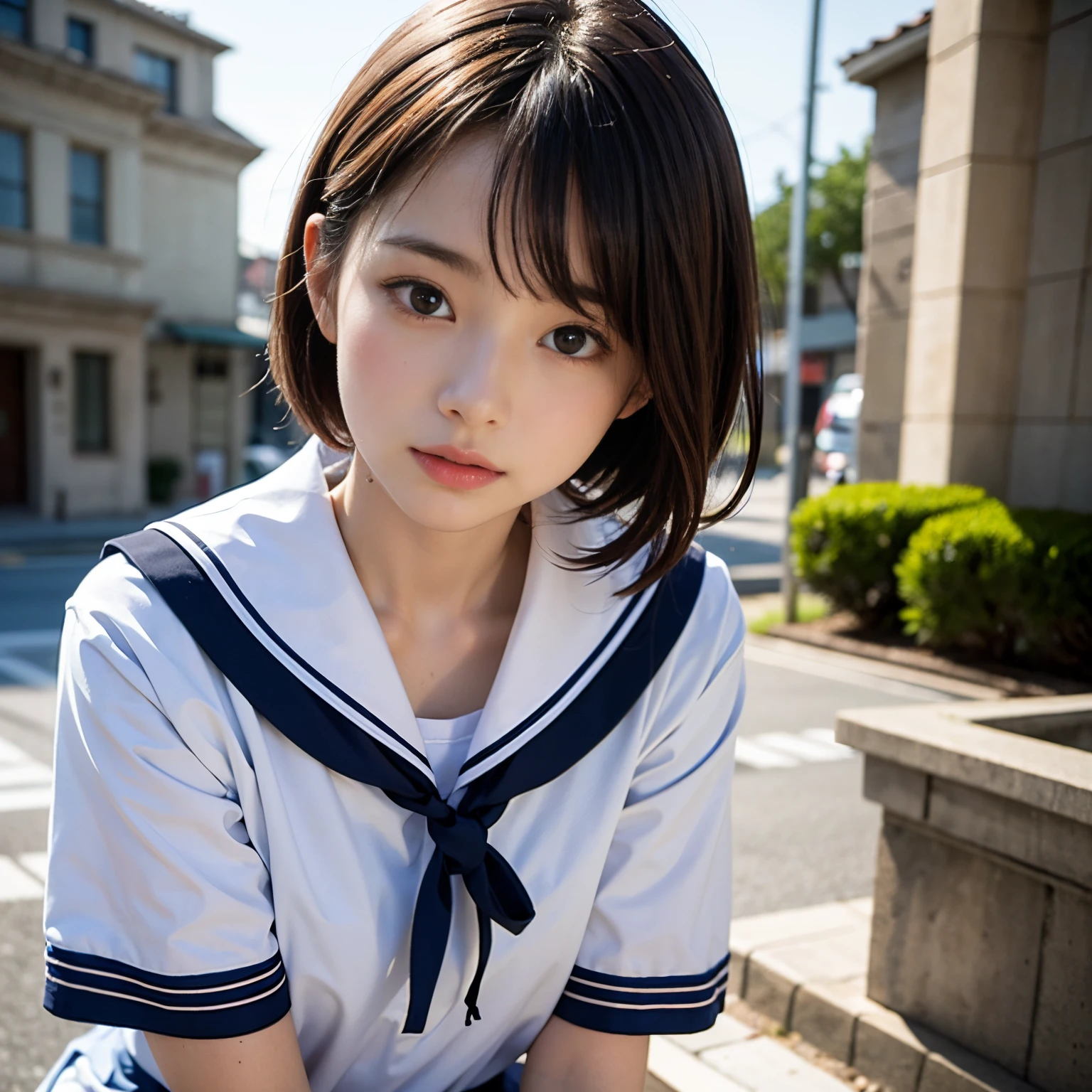 (masutepiece, Best Quality:1.2), 8K, Official art, Raw photo, Full Bord Bill Four、cute butt、cute girl、skinny、14years、small tits、unbelievable Ridiculous, (Upper body, 校服、a sailor suit:1.4), Beautiful Girl, Pretty Face, arching back down,、Gold hair ornament on hair、close up, Sailor Suit, Short sleeve, violaceaess, , Street, Looking at Viewer, Film grain, chromatic abberation, Sharp Focus, face lights, Dynamic lighting, Cinematic lighting, Eyes and faces with detailed, Bokeh background,