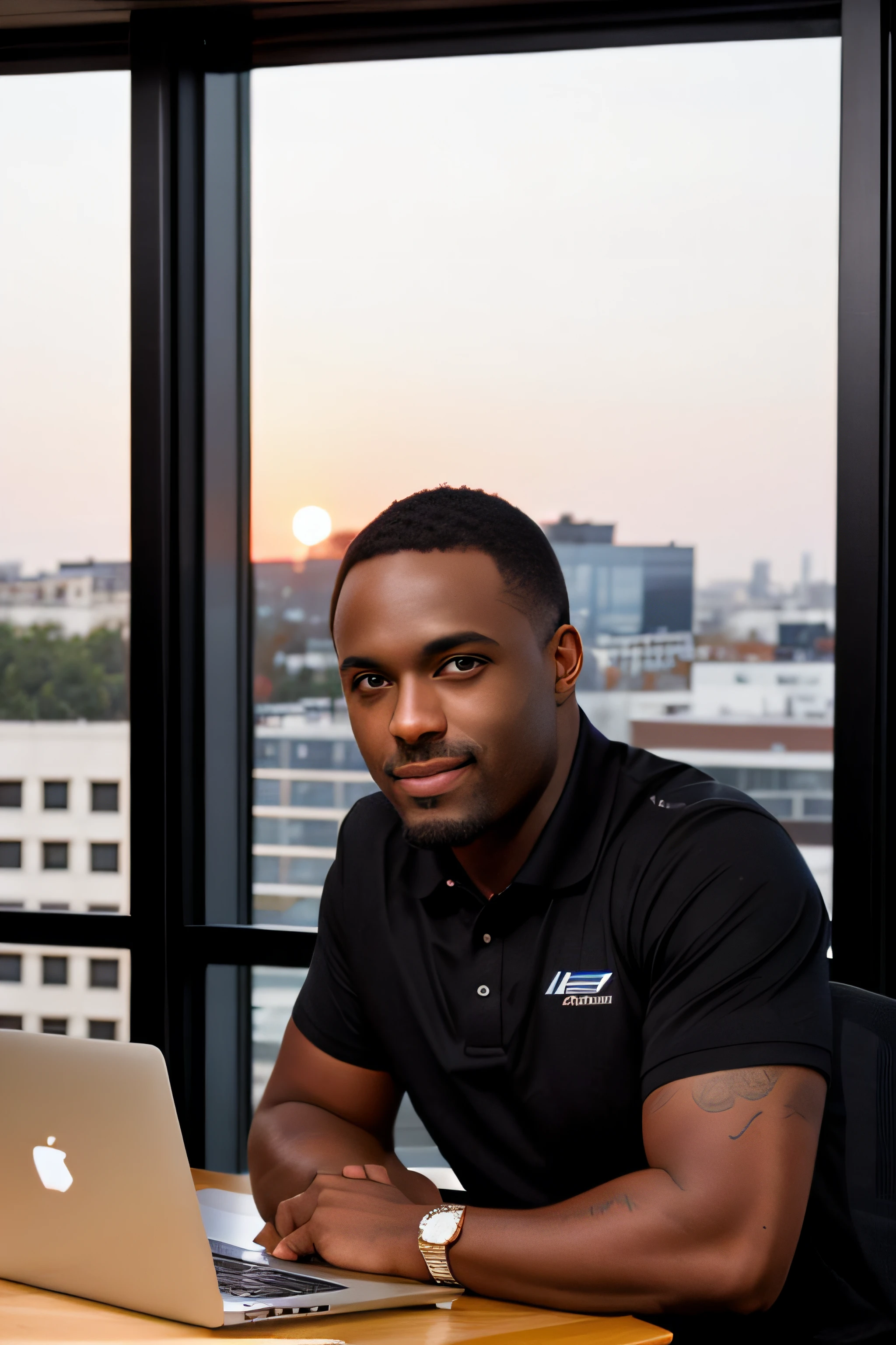 programador, preto, short hair, ombros largos, sentado em uma mesa com um macbook e dois monitores, Um de cada lado, in an office with an open window, sunset in the background, foto tirada com uma Nikon D850, hiper-realista,