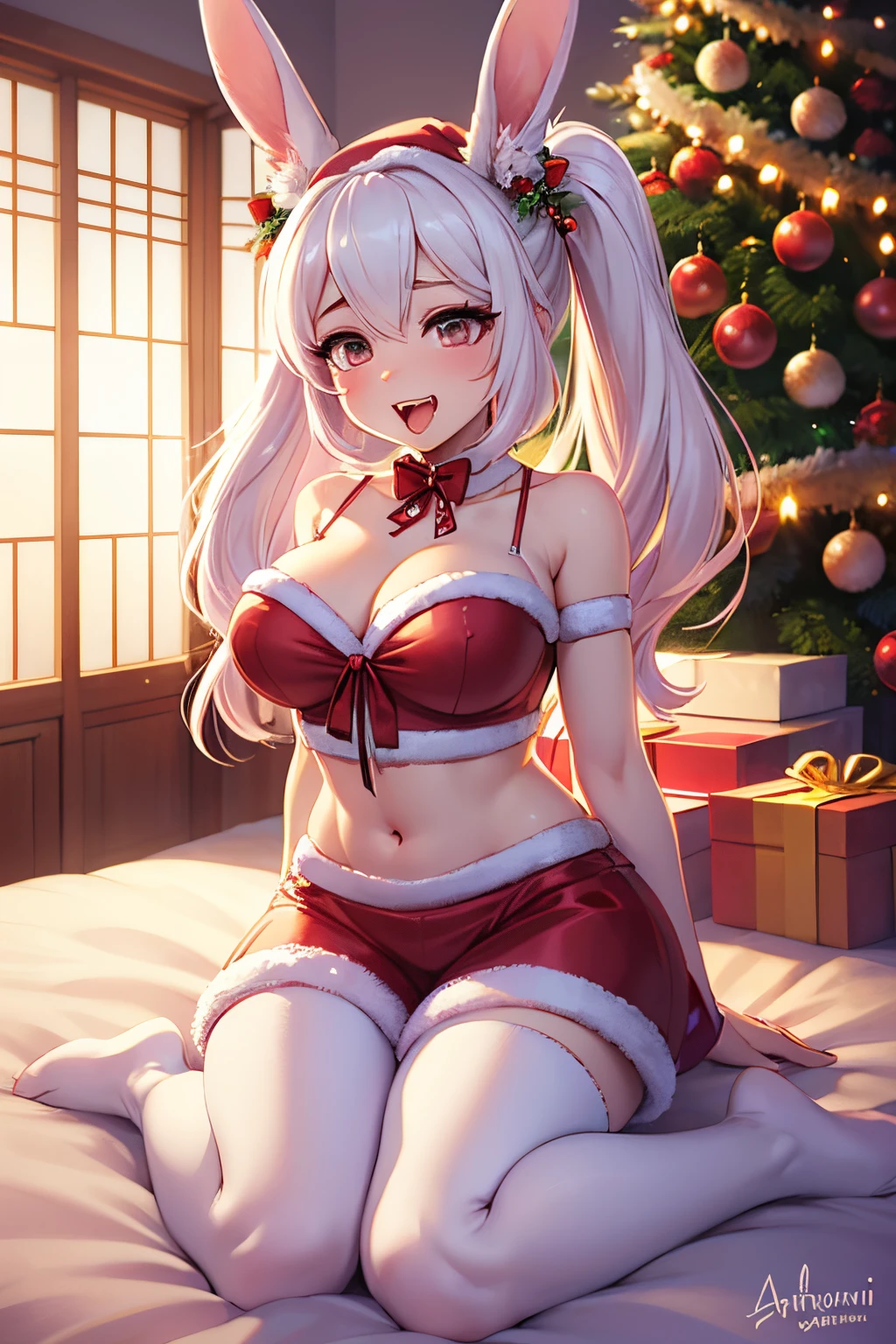 (christmas), (chistmas room), ( christmas decor) araffe with pink hair and bunny ears sitting on a bed, angelawhite, belle delphine, anime barbie in white stockings, ultrarealistic sweet bunny girl, very very kawaii, japanese goddess, the bunny has pink fur, smooth pink skin, with bunny ears, ahegao, sitting on her bed, lit from behind, perfect white haired girl, amouranth