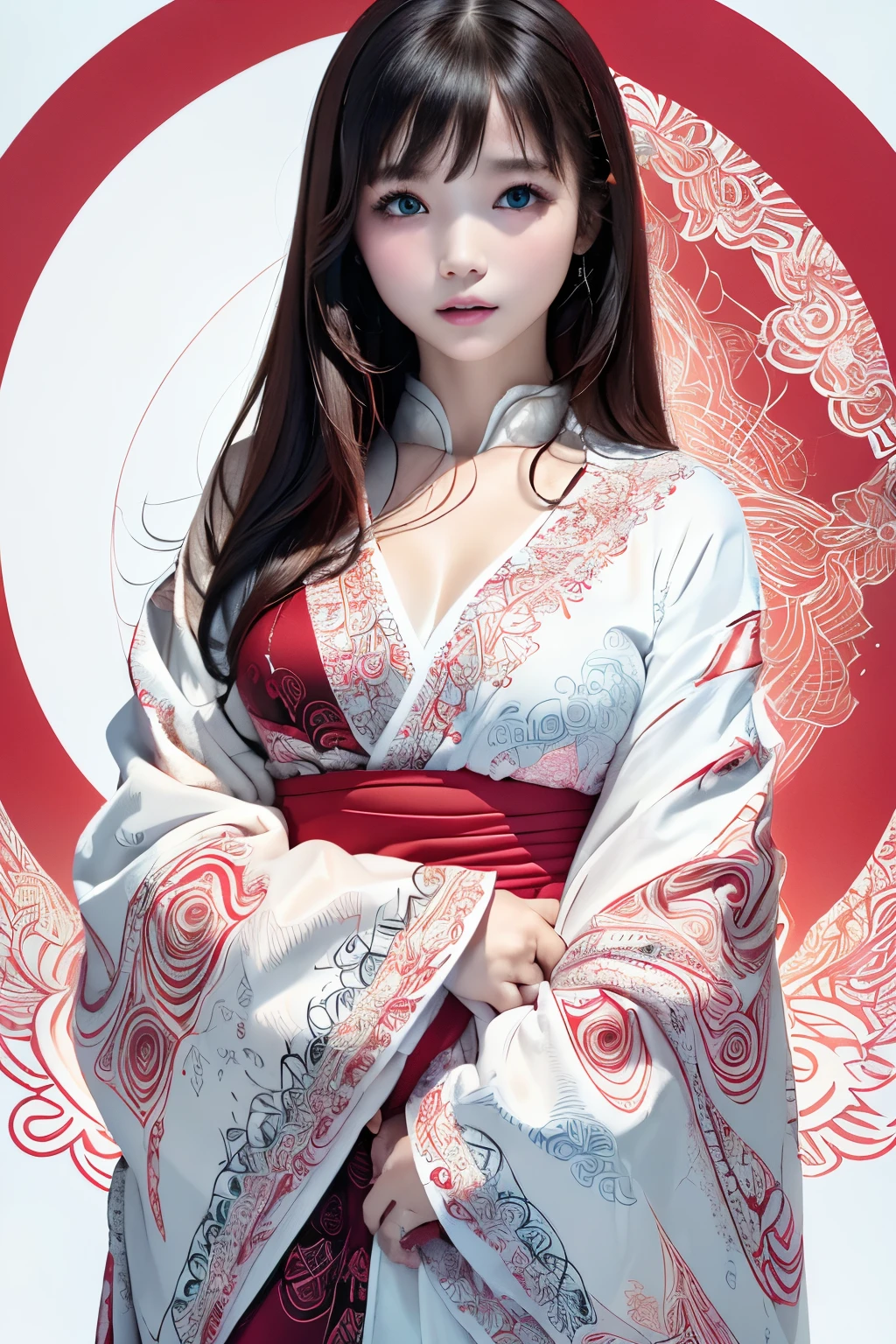 (((white backgrounid、a white world)))、Unity 8K Wall 、ultra-detailliert、Beautifully Aesthetic、masterpiece、top-quality、(Zentangle、a Mandala、Tangles、tangled mammary art:1.3)、One girl、Beautiful black hair、Waseko、Red kimono、Japanese dress、ighly detailed、Dynamic angles、Cowboy Shots、The most beautiful forms chaos、elegent、Brutalist design、Vibrant colors、romantism、Atmosphere、ecstasy musical notes、Streaming music notes are visible、(((white backgrounid、Pure white background、Red circle)))