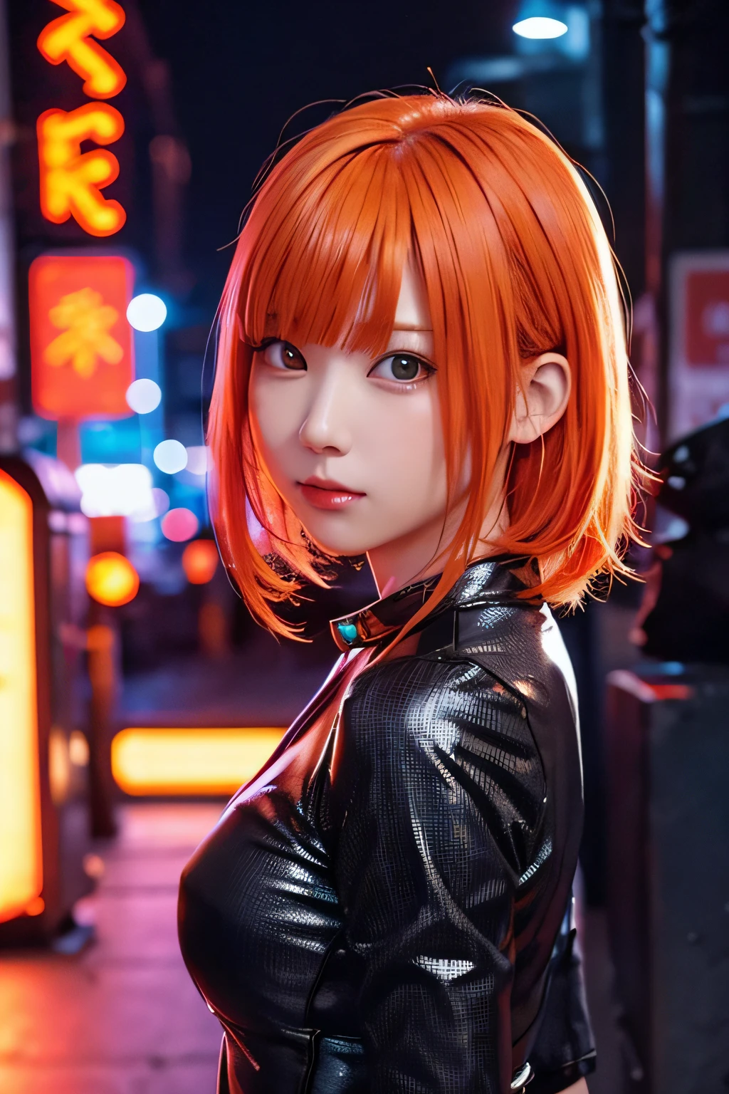 Neon Noir Beautiful Female Semi Robot, Cyberpunk, Orange neon, Back alley, neon signs, High contrast, low illuminance,  Highly detailed, orange ash color hair,  Loli with an  face、Background blur