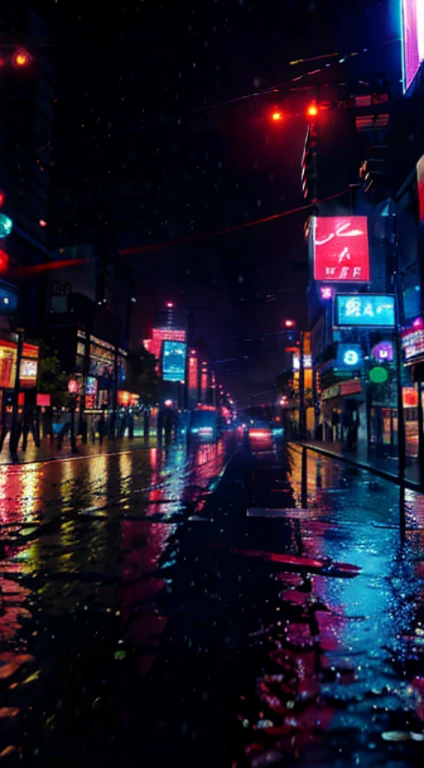 style of anime,nighttime scene,城市,rainbow,Traffic,buliding,traffic light,crowd of,