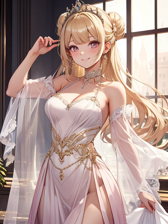 //Character 1girl, my intimate princess , slim and soft, medium large breast, ultra detailed face, innocent, round face, thin eyeblow, sparkly pupils, translucent skin, extra long hair, blonde hair, curly hair,side swept bangs with a bun,
BREAK
//Fashion Her outfit is celebration of the anniversary, it connsists pale pink evening dress, gold tiara, full length skirt is fluffy and delicate pattern, chiffon veil, delicate high heel , holding cocktail glass with cherry,
BREAK
//LOCATION
at a ballroom,
BREAK
// behavior
standing, armpit, grinning , smiling full of compassion, close up