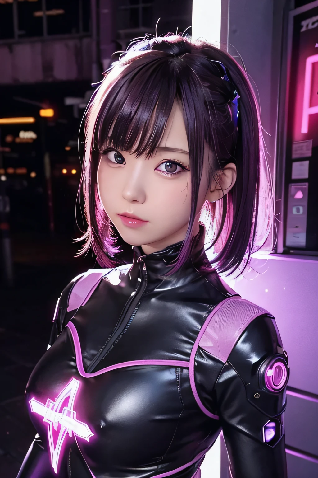 Neon Noir Beautiful Female Semi Robot,Looking at Viewer, . Cyberpunk, purple neon, Back alley, neon signs, High contrast, low illuminance, Vibrant, Highly detailed, purple ash hair color, Luminous Eyes, Loli with an face