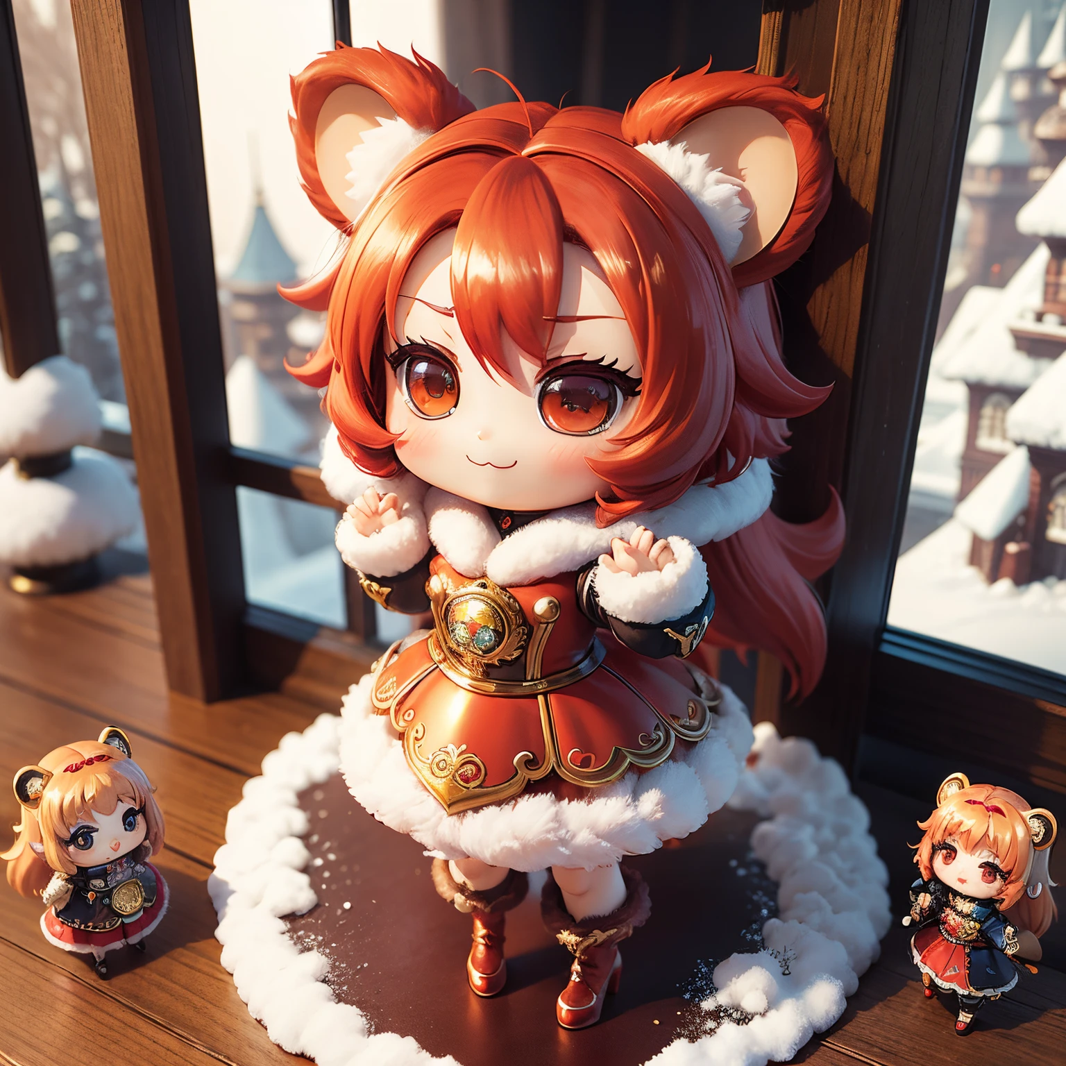 masterpiece、top-quality、ultra-detailliert、(chibi character girl:1.37),Tanuki ears,(Fake fur:1.3),Red hair swaying in the wind,Gorgeous rococo renaissance gold dress、Red high heels,A smile,Skip,The background is a snow castle;There is nothing on the floor,Chibichara 3D