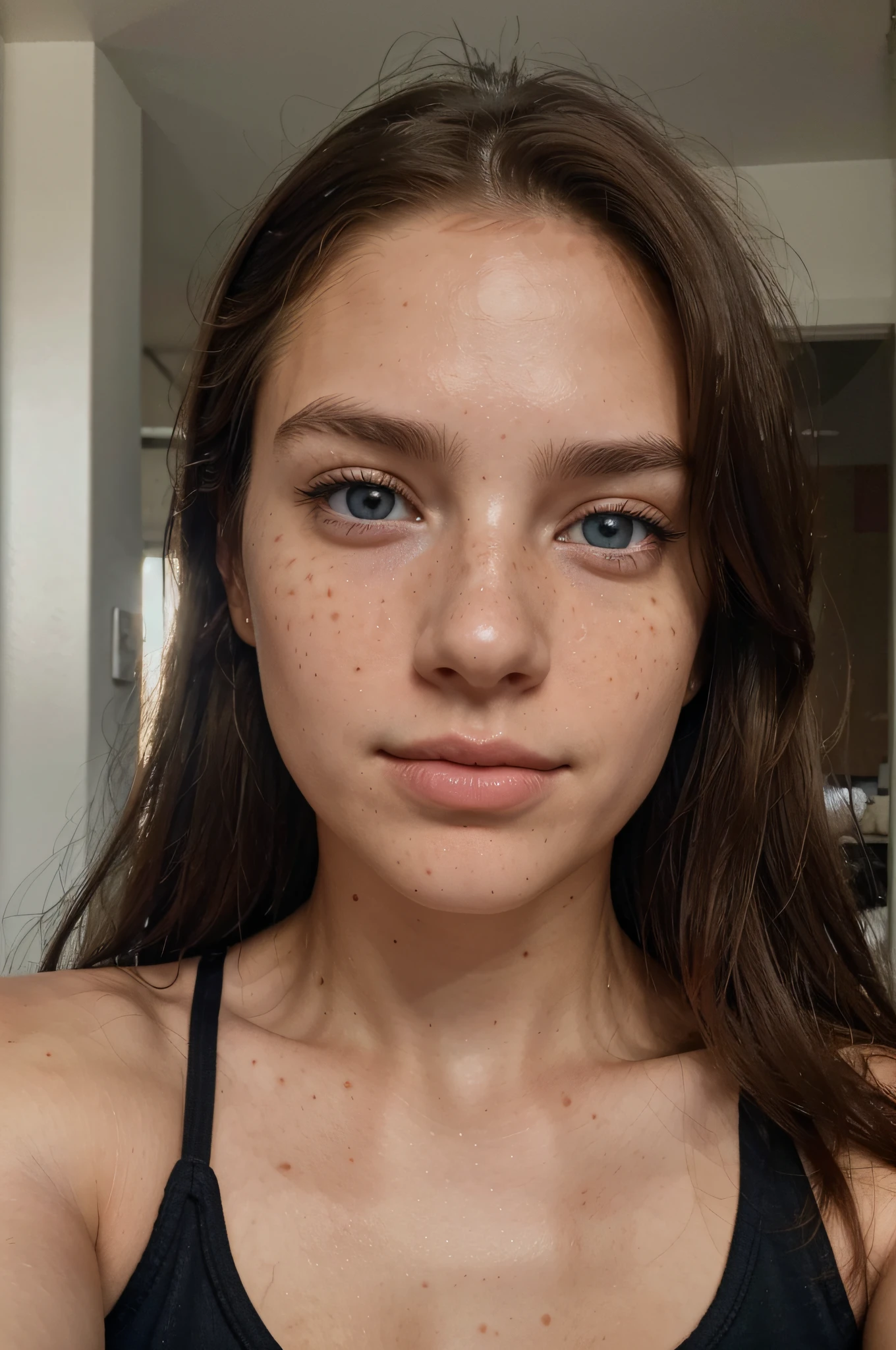 (amateur 1.2), amateur camera selfie of 19 years old female, Brown hair, Low exposure, low lighting, unprofessional natural lighting, realistic lighting, dark light, low light, female with low freckles on her face and blue eyes with prominent eye lashes, hyper realistic skin all over her, beautiful face, detailed face, image noise, shot on iPhone, low visible impurities, slight freckles, detailed skin texture, low detailed skin pores,low impurities on the face, details eyes, eyebrow details showing each individual hair, very minimal and slight redness and imperfections around eye lids, low quality lighting, holding phone with left hand, no light on, selfie, black tank top, huge tits, slightly smiling looking sexy, realistic skin, long messy hair, light skin caucasian american, verylong hair, long messy hair, neutral face, low freckles, normal blue eyes, spots, acne, waring black t-shirt, showing her cleavage, inside home