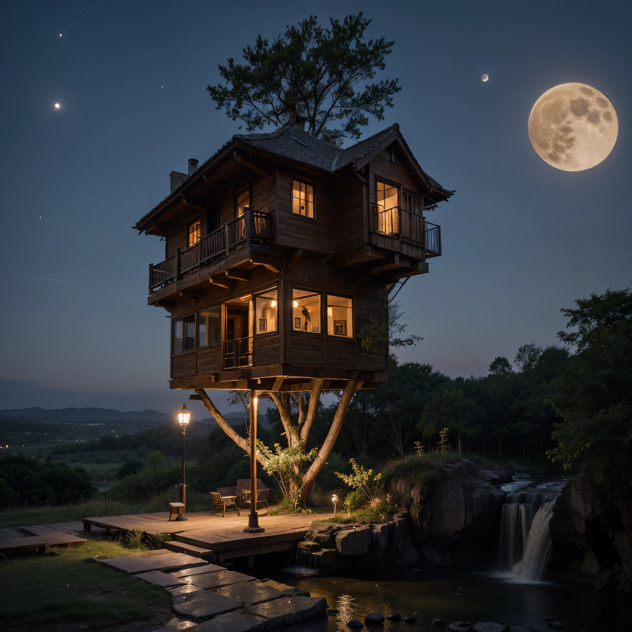Beautiful tree house near waterfall
In the night with beautifull moon and star
There is many wolf