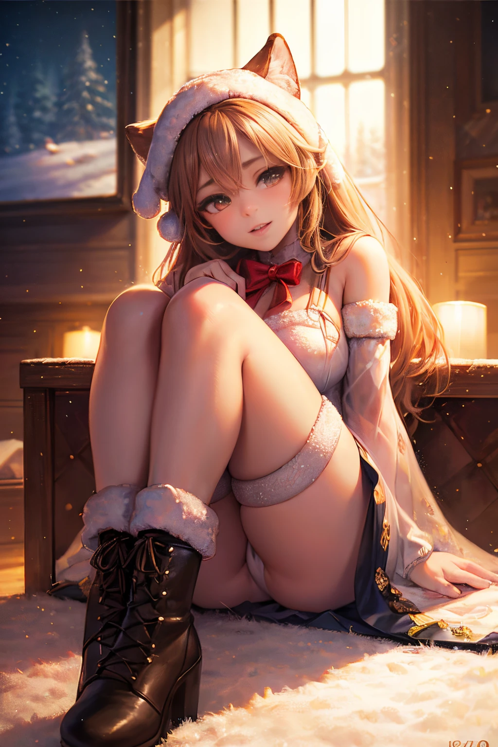 1 girl, White silk, Twinkling above, Ankle boots, Furry, Patterned, christmas decor, snow, (best quality,4k,8k,highres,masterpiece:1.2), ultra-detailed, (realistic,photorealistic,photo-realistic:1.37), HDR, UHD, studio lighting, ultra-fine painting, sharp focus, physically-based rendering, extreme detail description, professional, vivid colors, bokeh, portraits, landscape, horror, anime, sci-fi, photography, concept artists, pastel color tones, natural sunlight