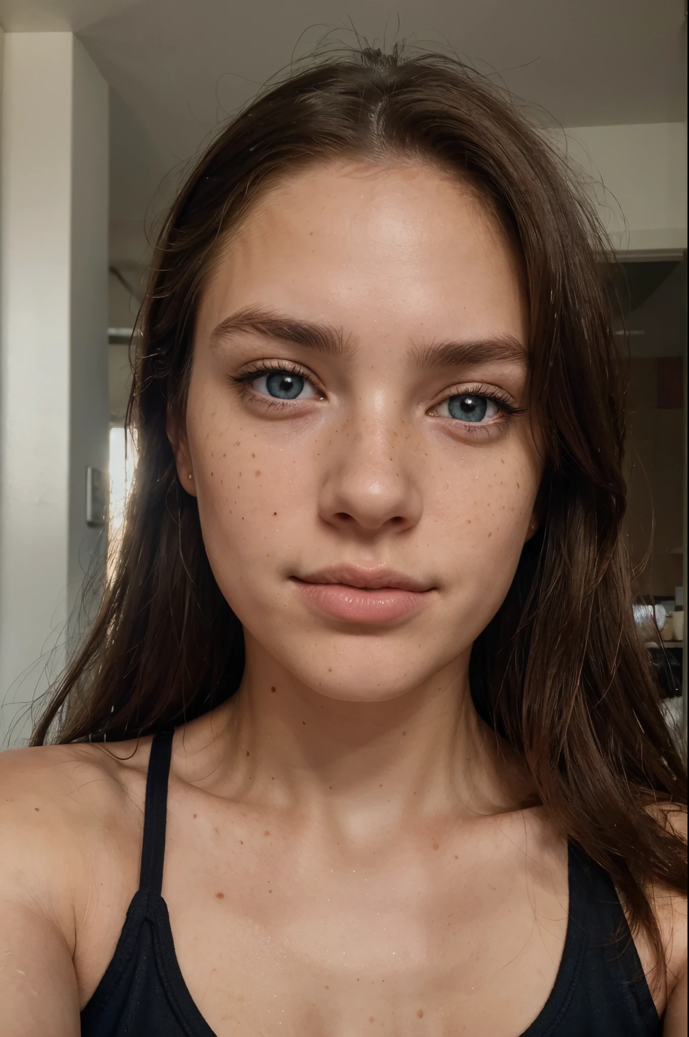 (amateur 1.2), amateur camera selfie of 19 years old female, Brown hair, Low exposure, low lighting, unprofessional natural lighting, realistic lighting, dark light, low light, female with low freckles on her face and blue eyes with prominent eye lashes, hyper realistic skin all over her, beautiful face, detailed face, image noise, shot on iPhone, low visible impurities, slight freckles, detailed skin texture, low detailed skin pores,low impurities on the face, details eyes, eyebrow details showing each individual hair, very minimal and slight redness and imperfections around eye lids, low quality lighting, holding phone with left hand, no light on, selfie, black tank top, huge tits, slightly smiling looking sexy, realistic skin, long messy hair, light skin caucasian american, verylong hair, long messy hair, neutral face, low freckles, normal blue eyes, spots, acne, waring black t-shirt, showing her cleavage, inside home