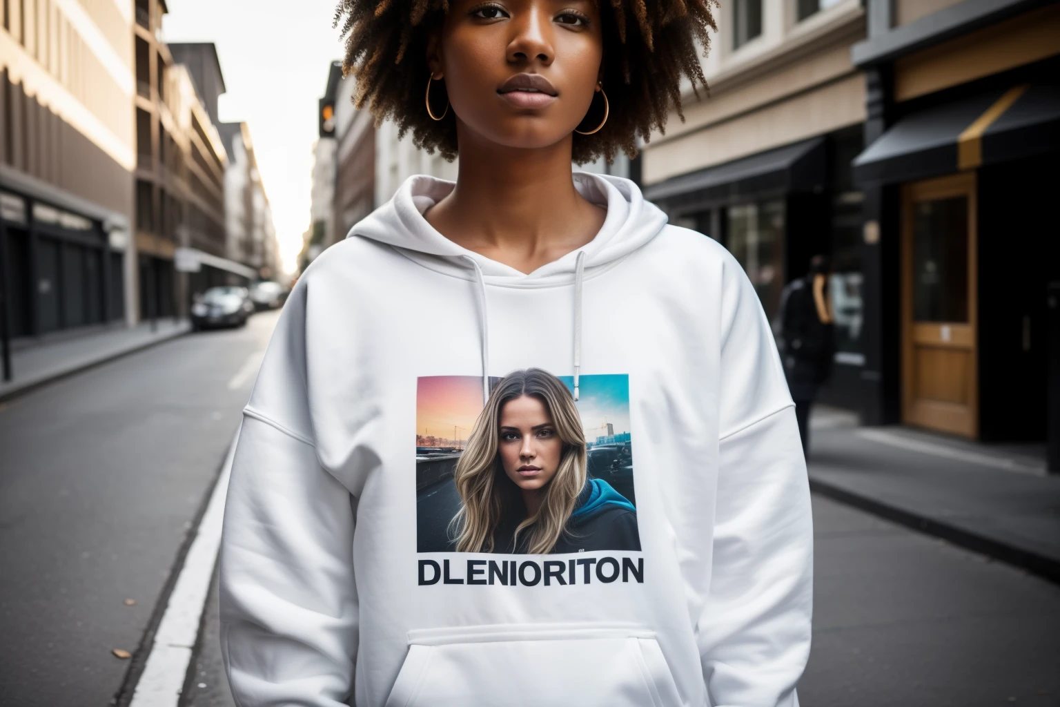 A full-body confident 25-years old white-skin female model in a sweatshirt, poising on a street, medium: photo hyper-realism, style: edgy street fashion meets contemporary art, lighting: dramatic contrast with a mix of artificial and natural light, colored and gritty with a focus on the textures of the sweatshirt and street, composition: Nikon D850, AF-S NIKKOR 50mm f/1.8G lens, Resolution 45.7 megapixels, ISO sensitivity: 200, Shutter speed 1/125 second, close-up shot with a focus on the full body, street art as a backdrop --ar 16:9 --v 5.1 --style raw --q 2 --s 750