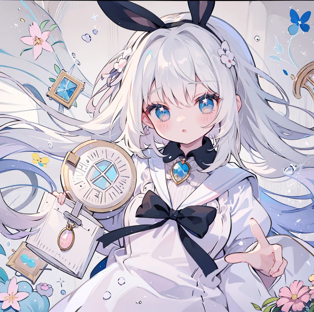 a sailor suit, Bow, Lolita Fashion, Lolita style, Anime Girl , Lori, Cute anime wife wearing beautiful clothes, Dress, angelic pretty,White hair、small black rabbit ears、Blue eyes、creation、Top image quality
