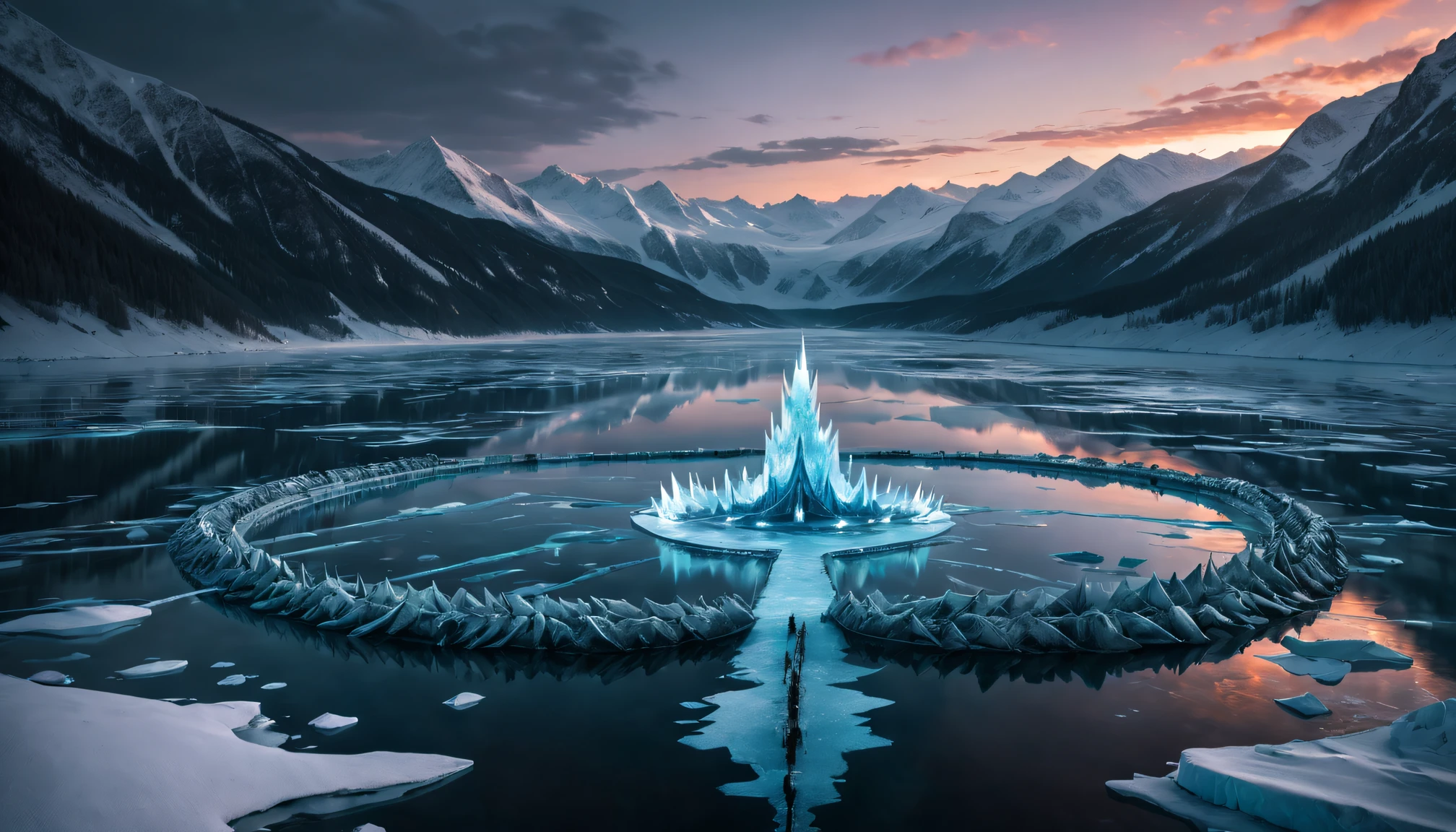 wallpaper hd, Glowing arcs and metal light chains on the frozen lake, Movie poster style and HD top view photography, game of thrones style, Unpleasant, terror, Scary look, hyper HD, 8K分辨率, balancing, High dynamic range color, to emphasize