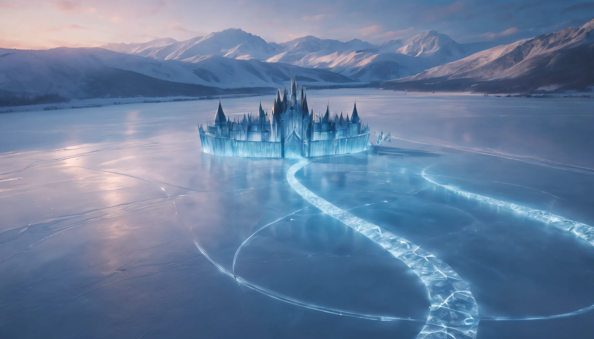 wallpaper hd, Glowing arcs and metal light chains on the frozen lake, Movie poster style and HD top view photography, game of thrones style, Unpleasant, terror, Scary look, hyper HD, 8K分辨率, balancing, High dynamic range color, to emphasize