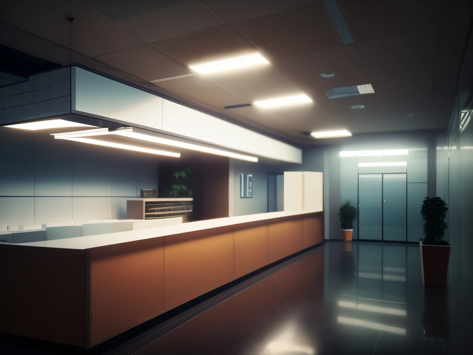 there is a long counter in a large office with a plant, hospital lighting, interior do hospital, medical lighting, cinematic counter light, hospital, cinematic accent lighting, cinematic soft lighting, doctors office, dramatic lighting render, 8 mil. Volumetric lighting. Escuro, commercial lighting, volumetric and perfect lighting, detailed ambient lighting, realistic soft lighting, wide view cinematic lighting