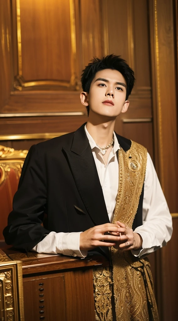 (best quality, masterpiece:1.2), ultra-detailed, highres, 4k, breathtaking resolution, intricate details, depth of field, hyper-realistic, dramatic lighting, 1boy, solo, detailed face, detailed eyes, realistic skin, intricate patterns, elegant dress, exquisite details