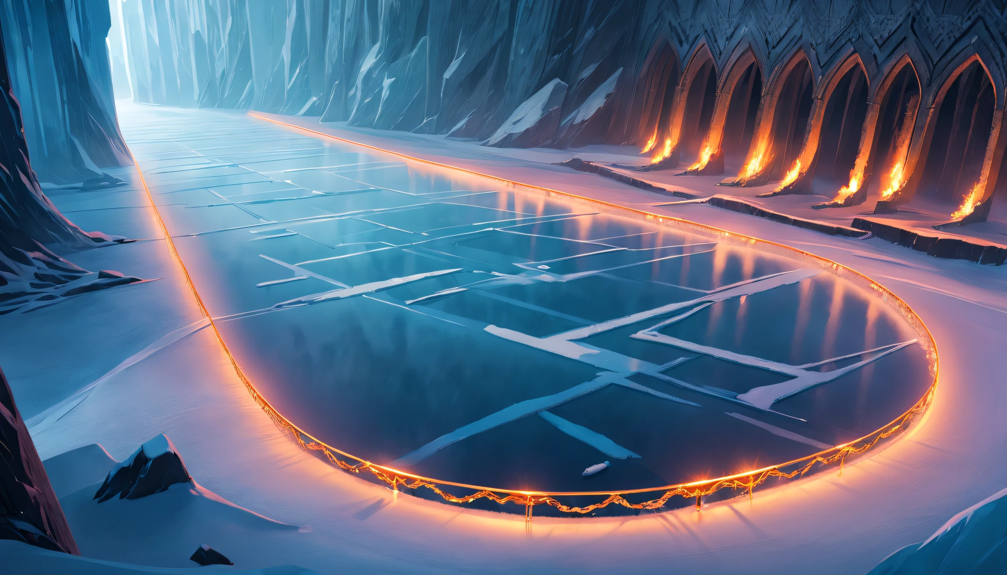 wallpaper hd, Glowing arcs and metal light chains on the frozen lake, Movie poster style and HD top view photography, game of thrones style, Unpleasant, terror, Scary look, hyper HD, 8K分辨率, balancing, High dynamic range color, to emphasize