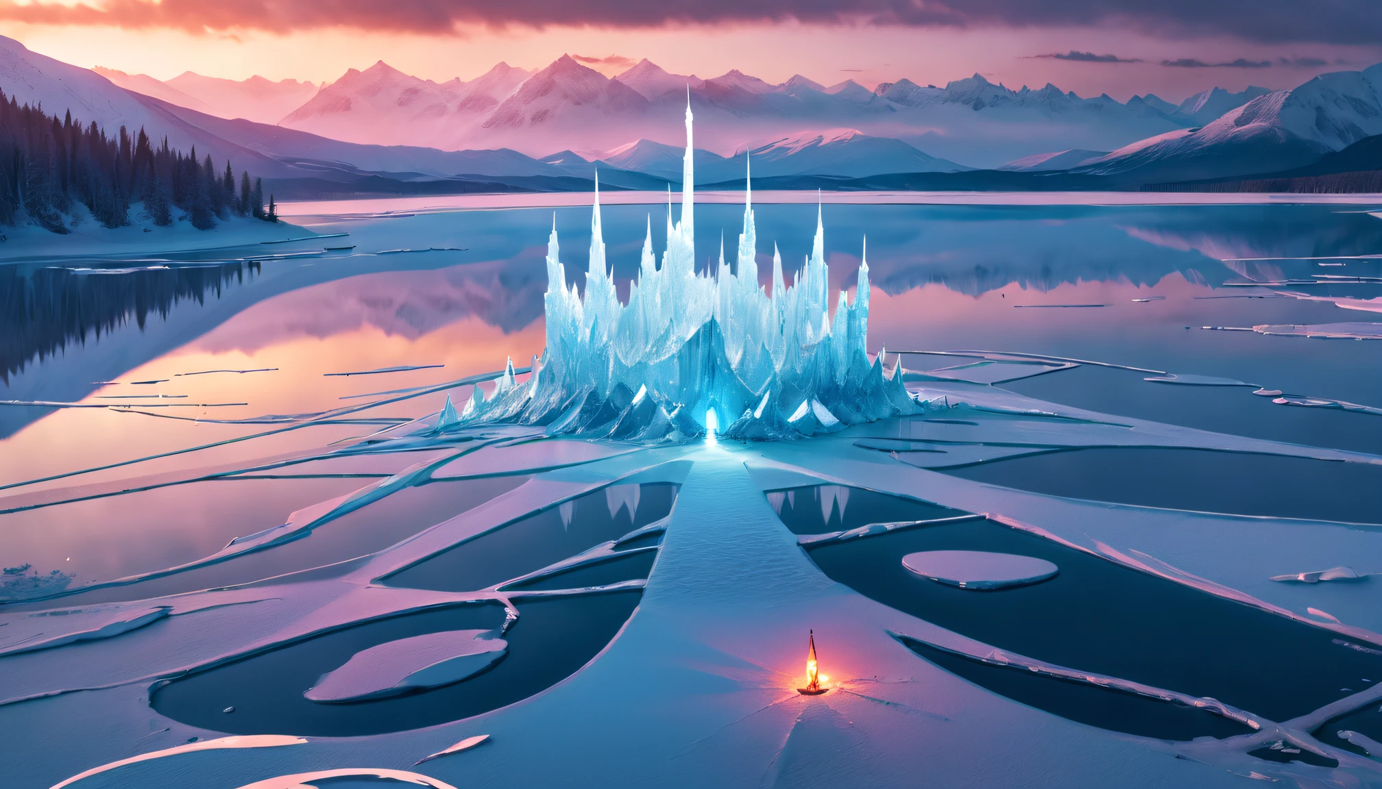 wallpaper hd, Glowing arcs and metal light chains on the frozen lake, Movie poster style and HD top view photography, game of thrones style, Unpleasant, terror, Scary look, hyper HD, 8K分辨率, balancing, High dynamic range color, to emphasize