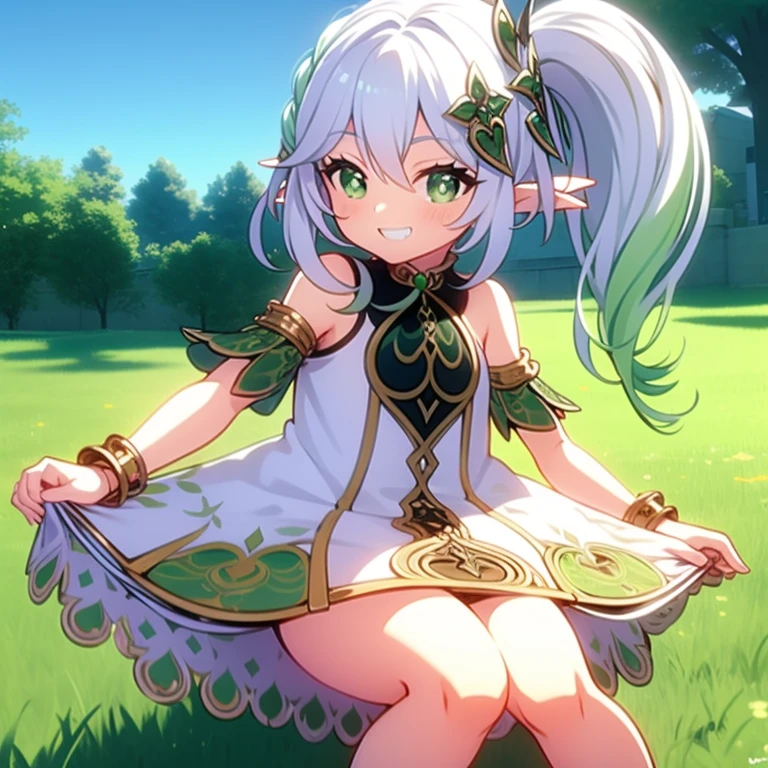 bottomless, skirt lift, sunbathing, 8 years old, ****, outside, grin, sunny, bright sunlight, grass, pointy ears, hair ornament, white hair, green hairstreak, side ponytail, masterpiece, best quality