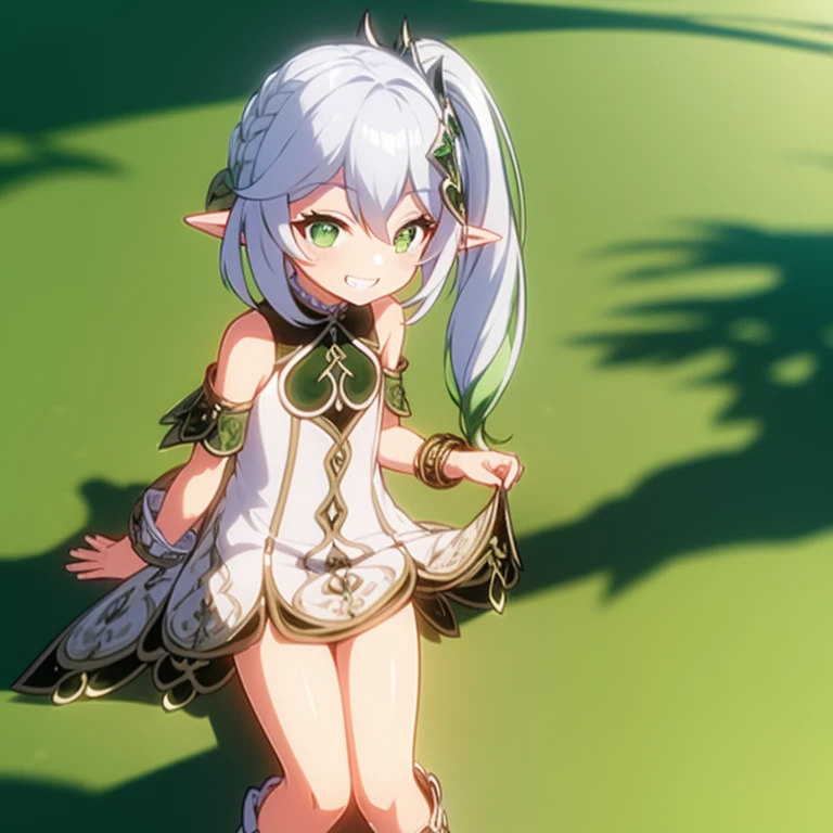 bottomless, skirt lift, sunbathing, 8 years old, ****, outside, grin, sunny, bright sunlight, grass, pointy ears, hair ornament, white hair, green hairstreak, side ponytail, masterpiece, best quality