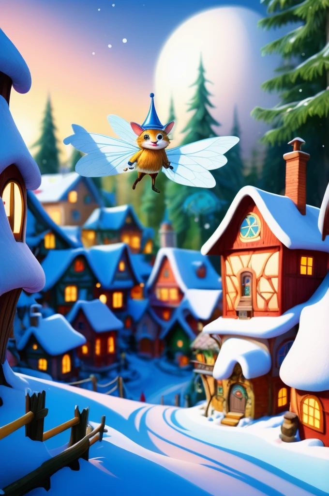 dynamic illustration of Winter Fairy Village, by Richard Scarry, fantasy art, Dreamscape, Fairy Tales, whimsical, ultra-wide-angle, octane render, enhance, intricate, (best quality, masterpiece, Representative work, official art, Professional, unity 8k wallpaper:1.3)