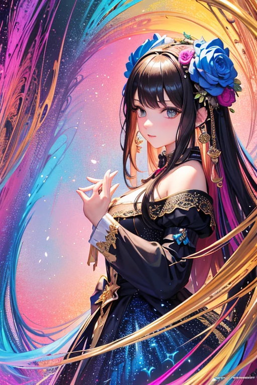 tmasterpiece,top Quority,best qualtiy,offcial art,(Beauty and aesthetics:1.2),1girll,Extremely detailed,(s fractal art:1.3),extremely colorful,Most detailed,bust,Overlooking,A picture that combines virtual and real,dynamic viewing angle。