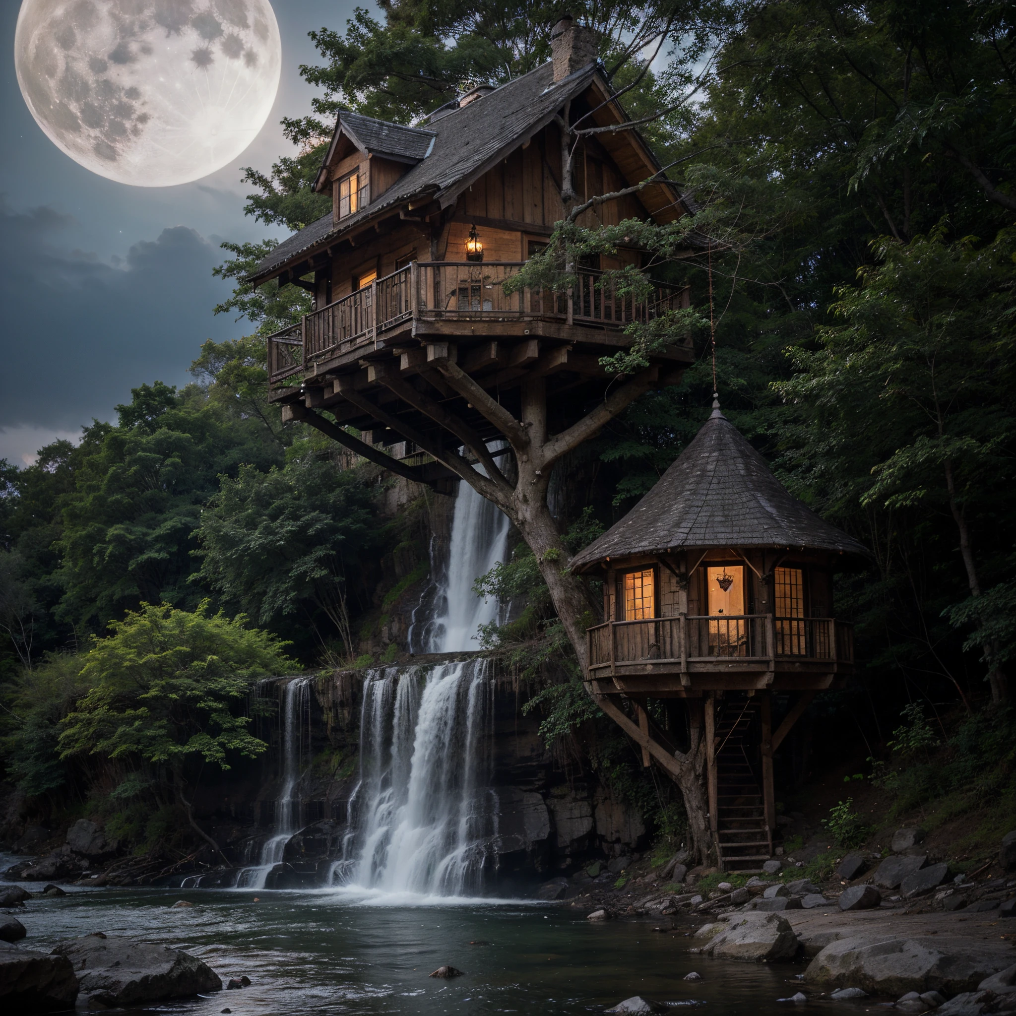 Beautiful tree house near waterfall
In the night with beautifull moon and star