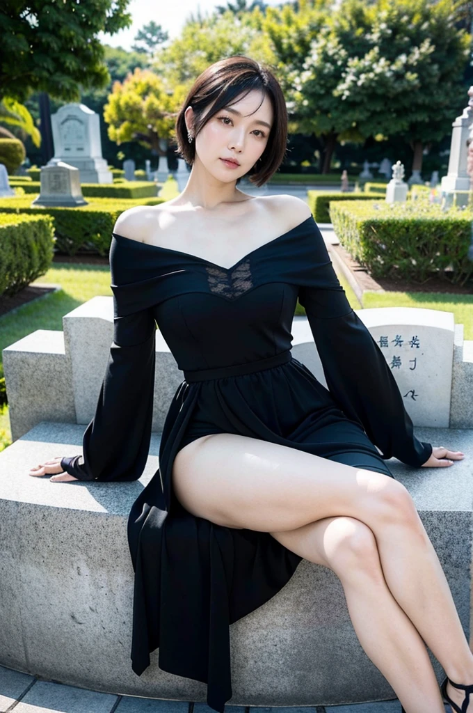(Best quality,8K,A high resolution,tmasterpiece:1.2，Very detailed),solo person，Alone，Japan Cemetery,from the front side,mature,widow，dark lipstick,heavy  makeups,Short hair details,Wearing black mourning clothes，Wearing black gloves，sitting in front of tombstone, (open legs:1.5), Show panties，A sad expression，Keep your eyes on the camera，（real looking skin，hyper realisitc）