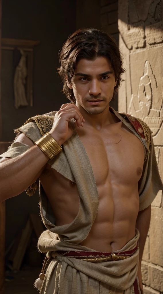 Visualize a mischievous young Roman named Marcus stumbling upon an ancient toga with mystical embroidery. Show the details of the toga and the expression on Marcus's face as he decides to wear it. hyper-realistic 4k hd