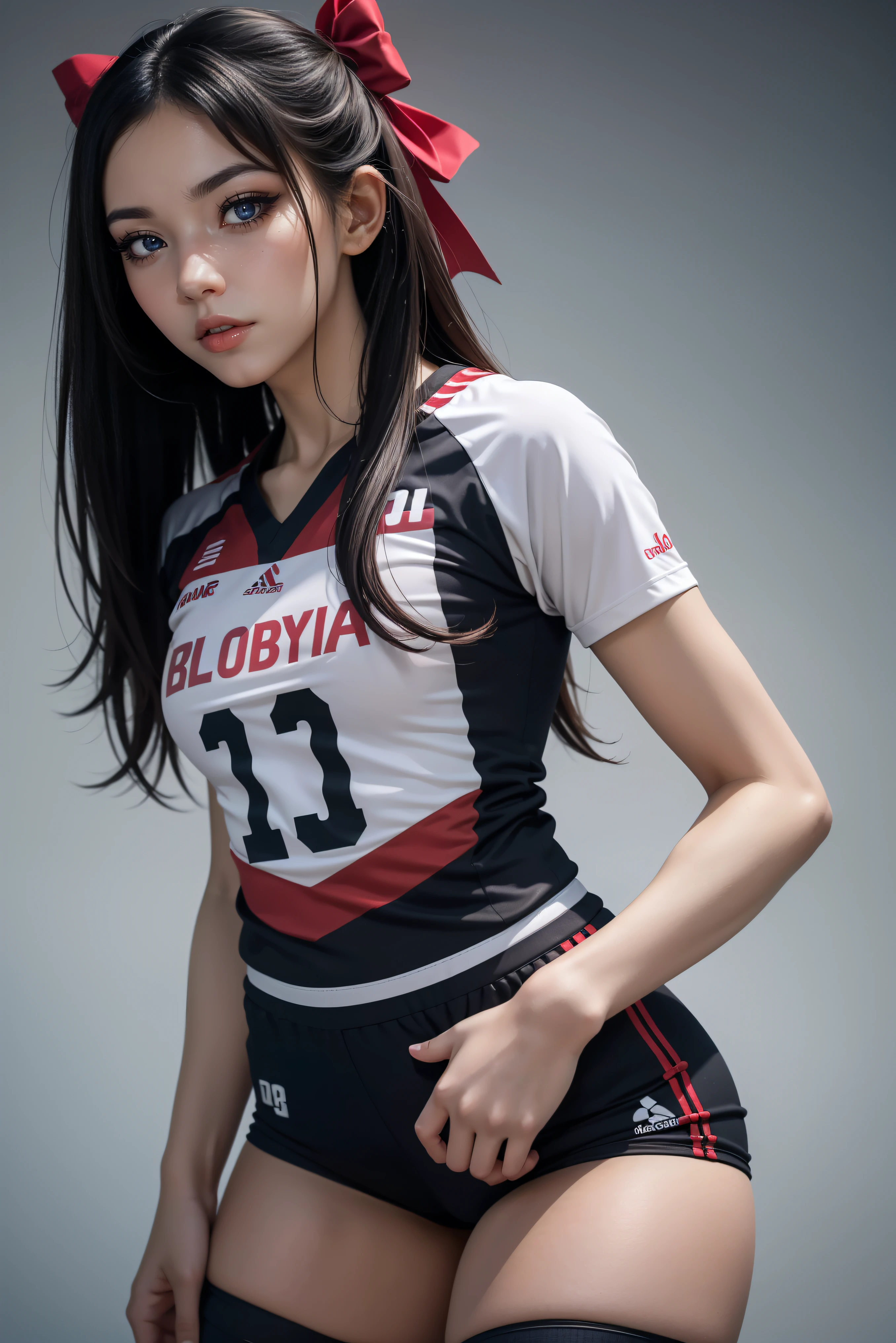masterpiece, high res, 4k, (perfect anatomy:1.5), perfect long legs, perfect arms, Volleyball girl, volleyball outfit, tight shorts, thin build, medium breasts, cute face, rose cheeks, long black hair, brown eyes, ribbons and bows in hair, sexy pose, stockings, sexy body