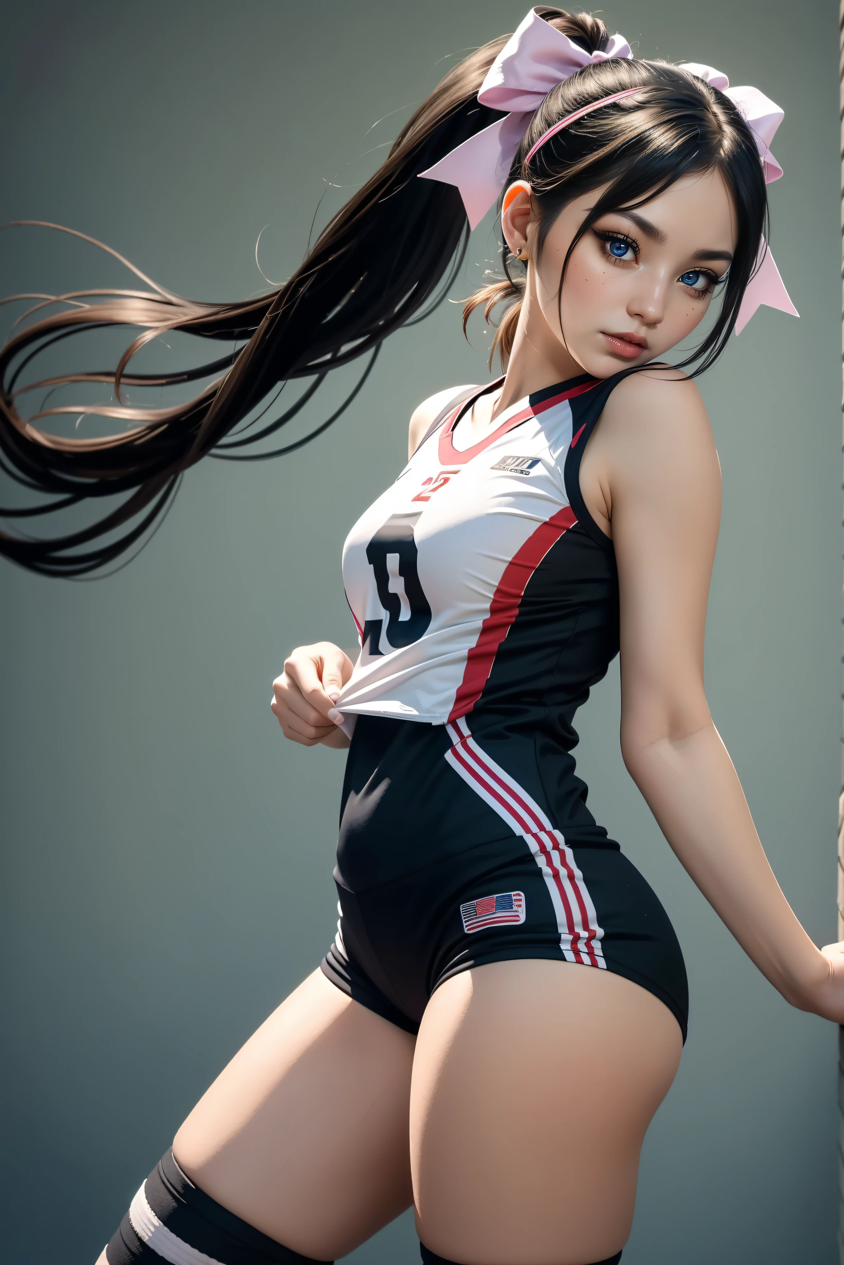 masterpiece, high res, 4k, (perfect anatomy:1.5), perfect long legs, perfect arms, Volleyball girl, volleyball outfit, tight shorts, thin build, medium breasts, cute face, rose cheeks, long black hair, brown eyes, ribbons and bows in hair, sexy pose, stockings, pigtails, sexy body