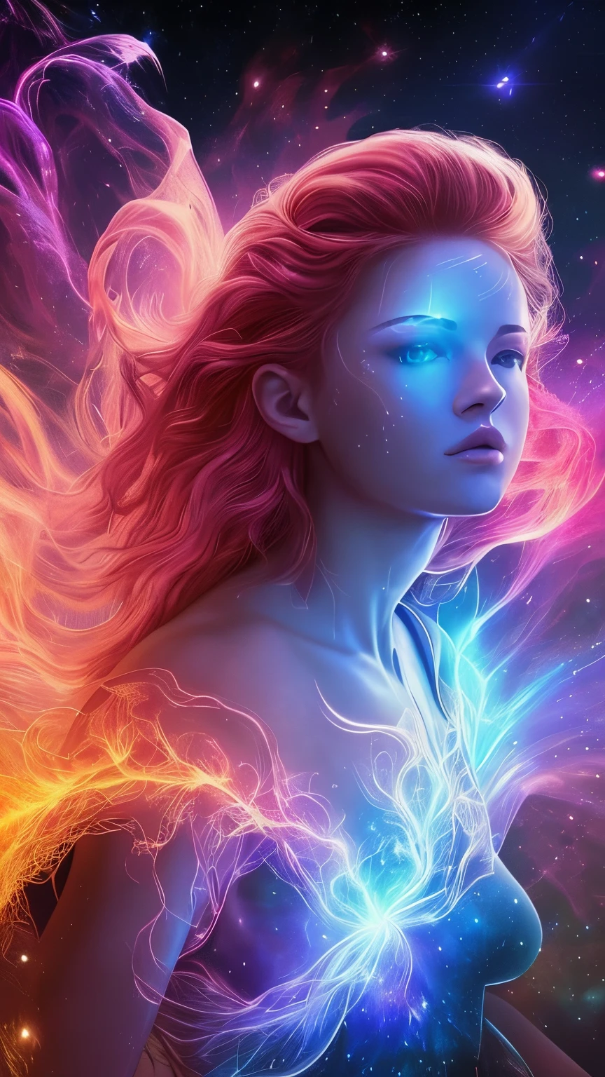 Incredible and spectacular scene,Beautiful Belarusian girl's upper body emerges from glowing cloud fractal nebula lines,Clear face,cosmic entity,a heavenly being,kosmos,vibrant and vivid,swirles,twist,nonrealistic,hight contrast,Co-metabolism,magical,mistic,mistic,hyper realisitc,Supersaturation,rich colourful